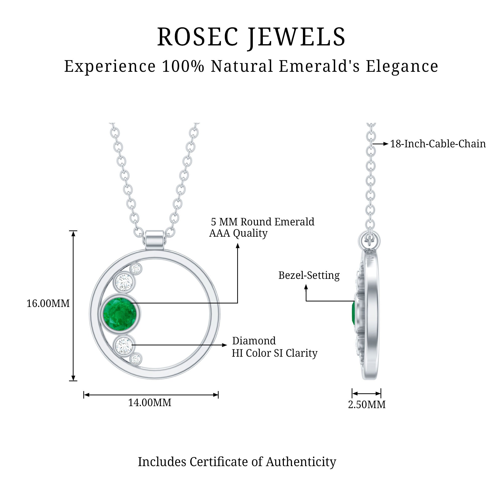 Bezel Set Emerald and Diamond Promise Necklace For Women AAA - Rosec Jewels