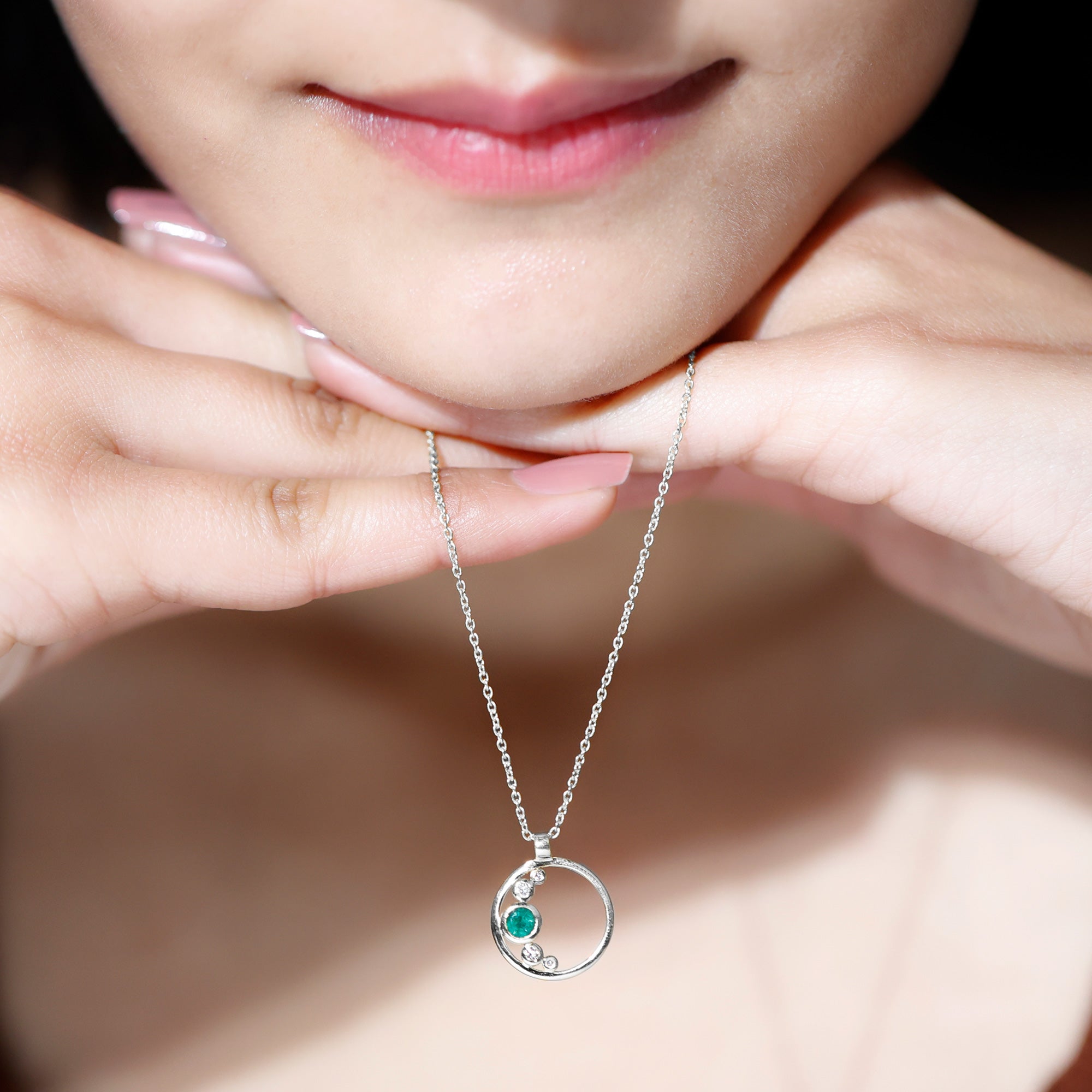 Bezel Set Emerald and Diamond Promise Necklace For Women AAA - Rosec Jewels