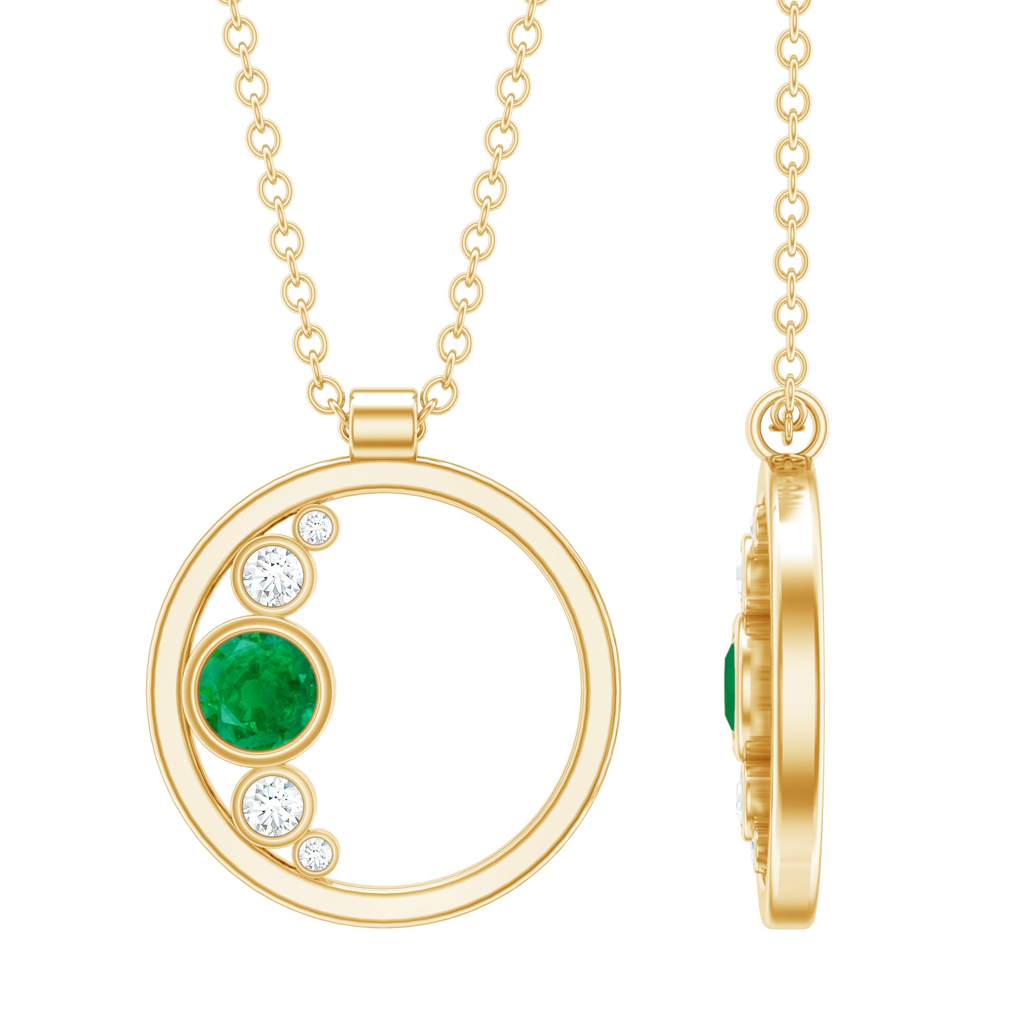 Bezel Set Emerald and Diamond Promise Necklace For Women AAA - Rosec Jewels