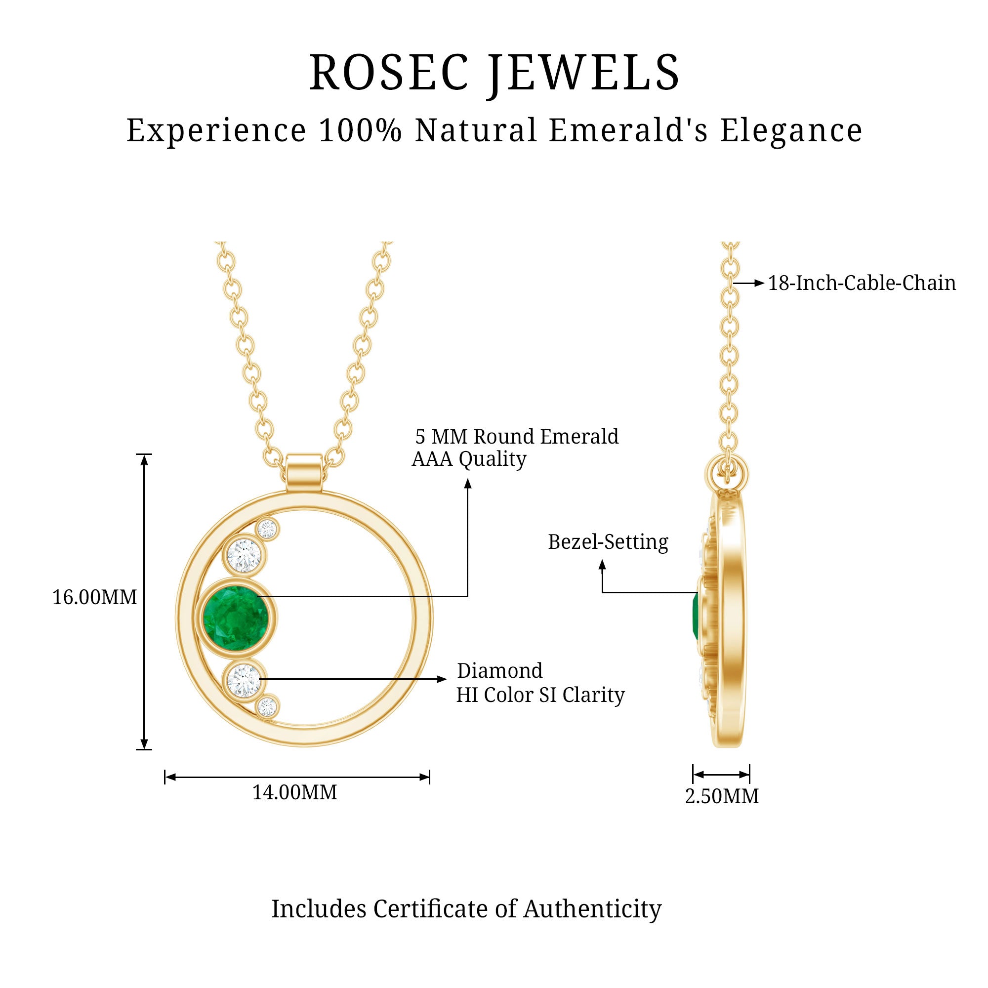 Bezel Set Emerald and Diamond Promise Necklace For Women AAA - Rosec Jewels
