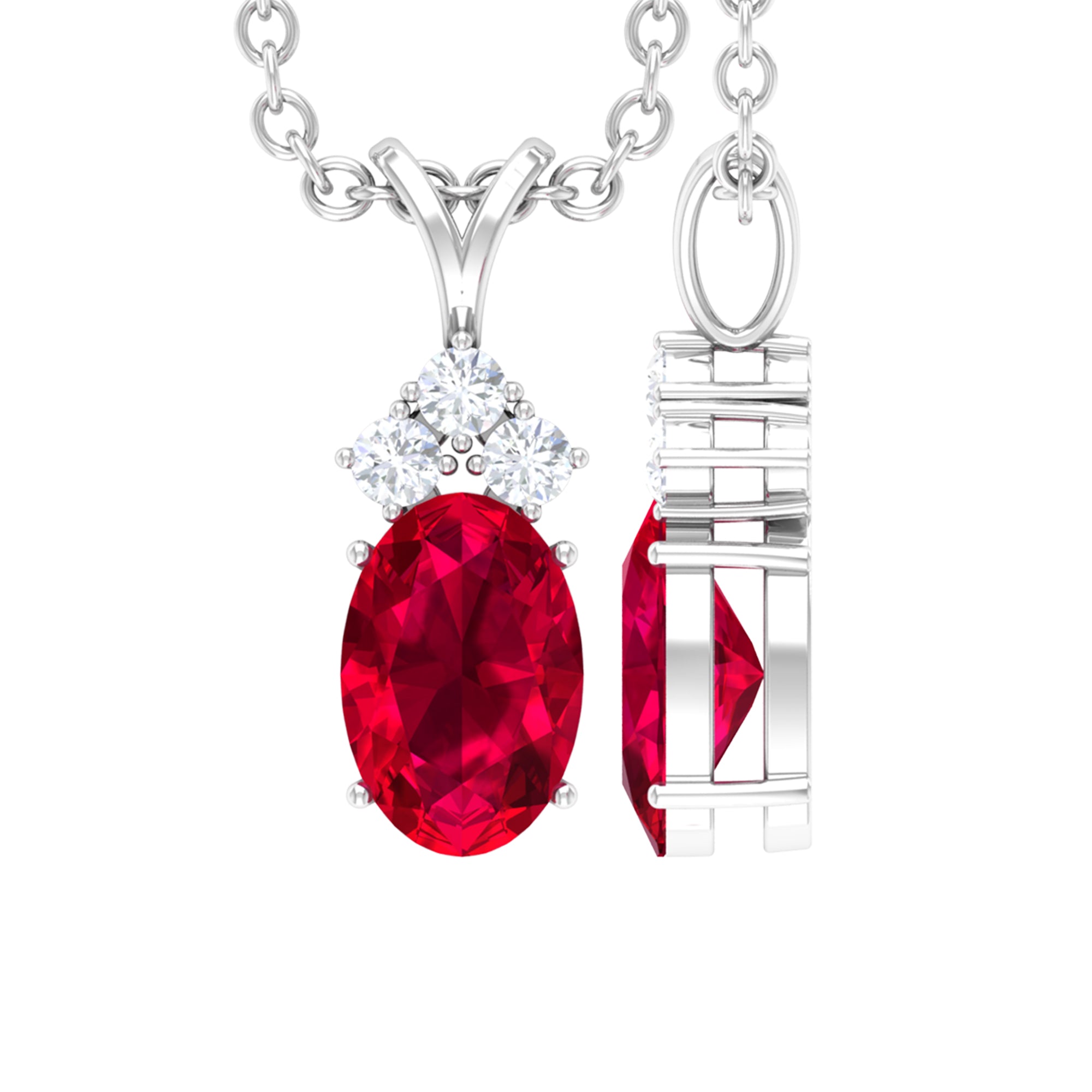 Natural 4X6MM Oval Ruby Pendant with Diamond Trio