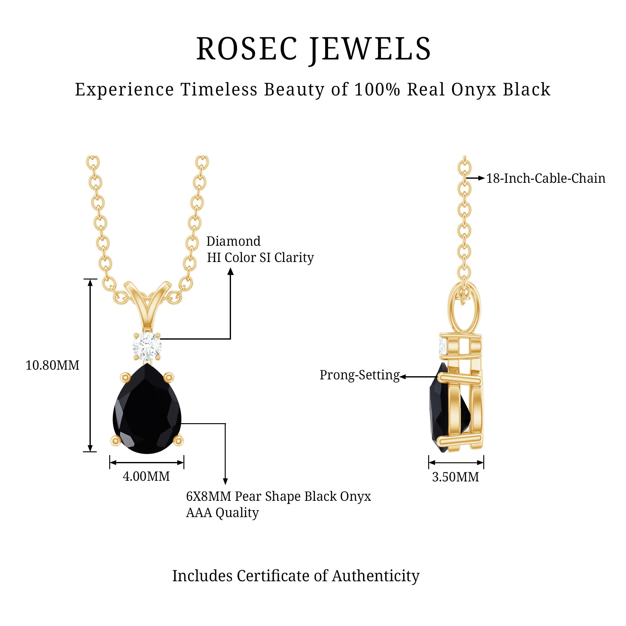 Pear Shape Black Onyx Solitaire Pendant with Diamond AAA - Rosec Jewels