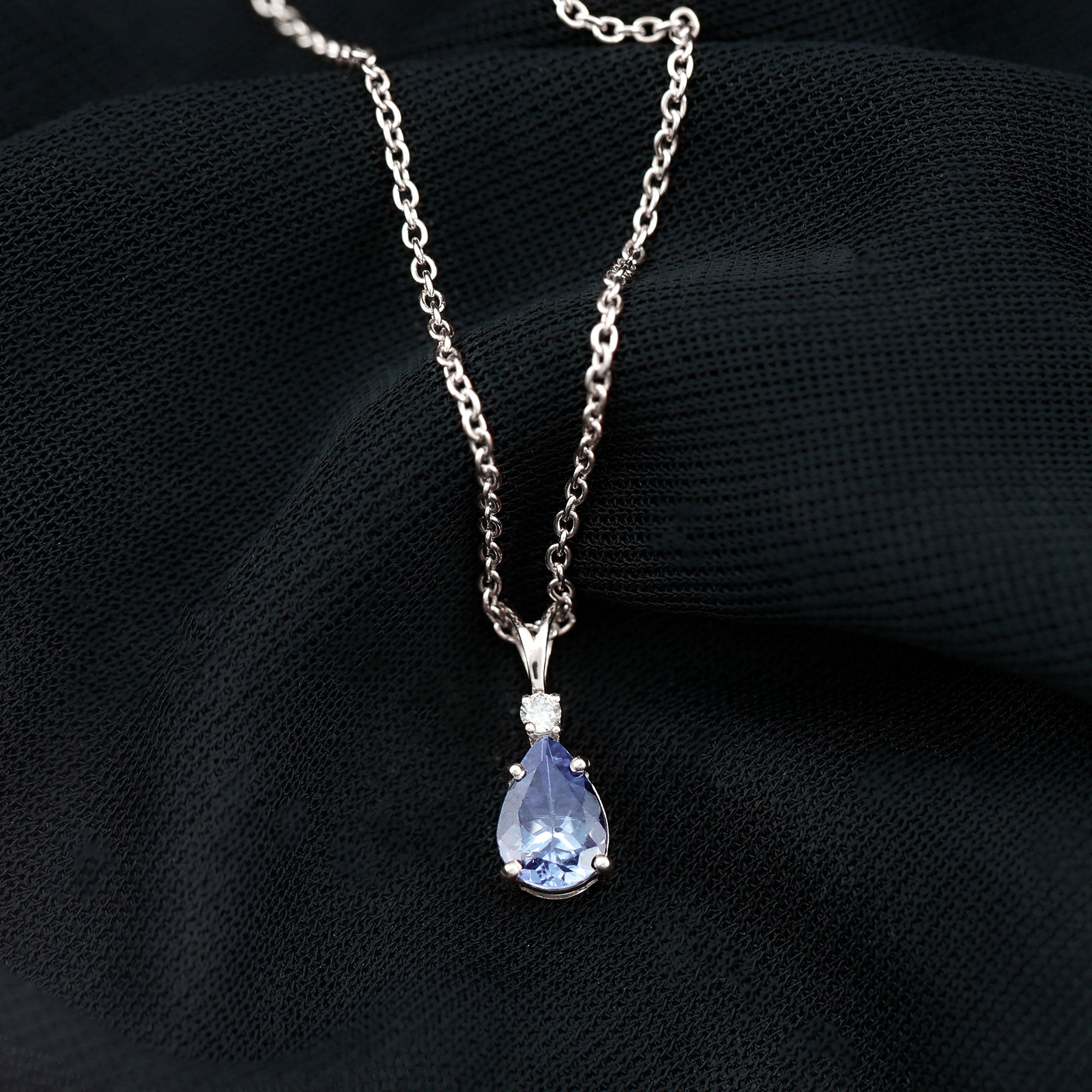 Real Tanzanite Teardrop Pendant Necklace with Diamond AAA - Rosec Jewels