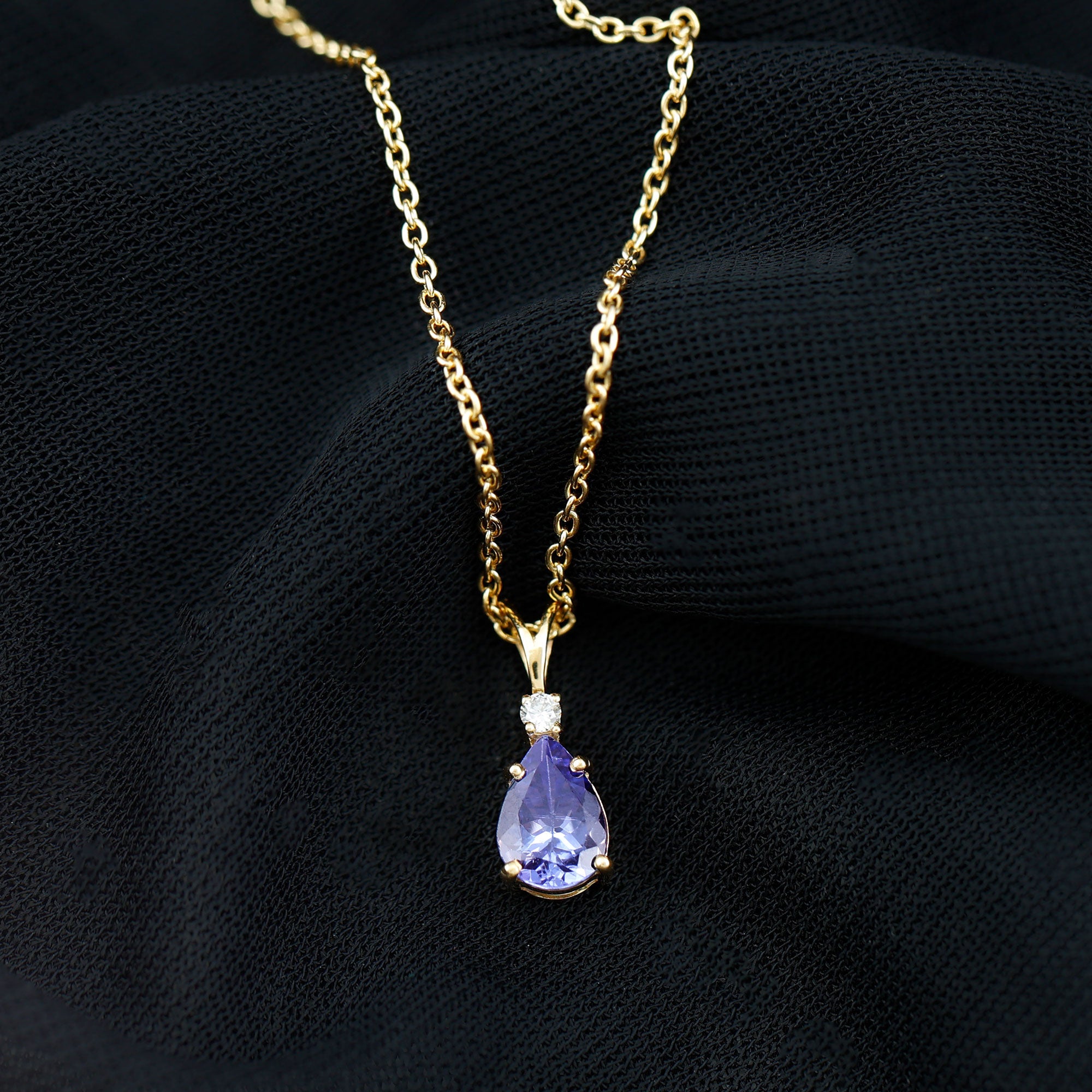 Real Tanzanite Teardrop Pendant Necklace with Diamond AAA - Rosec Jewels