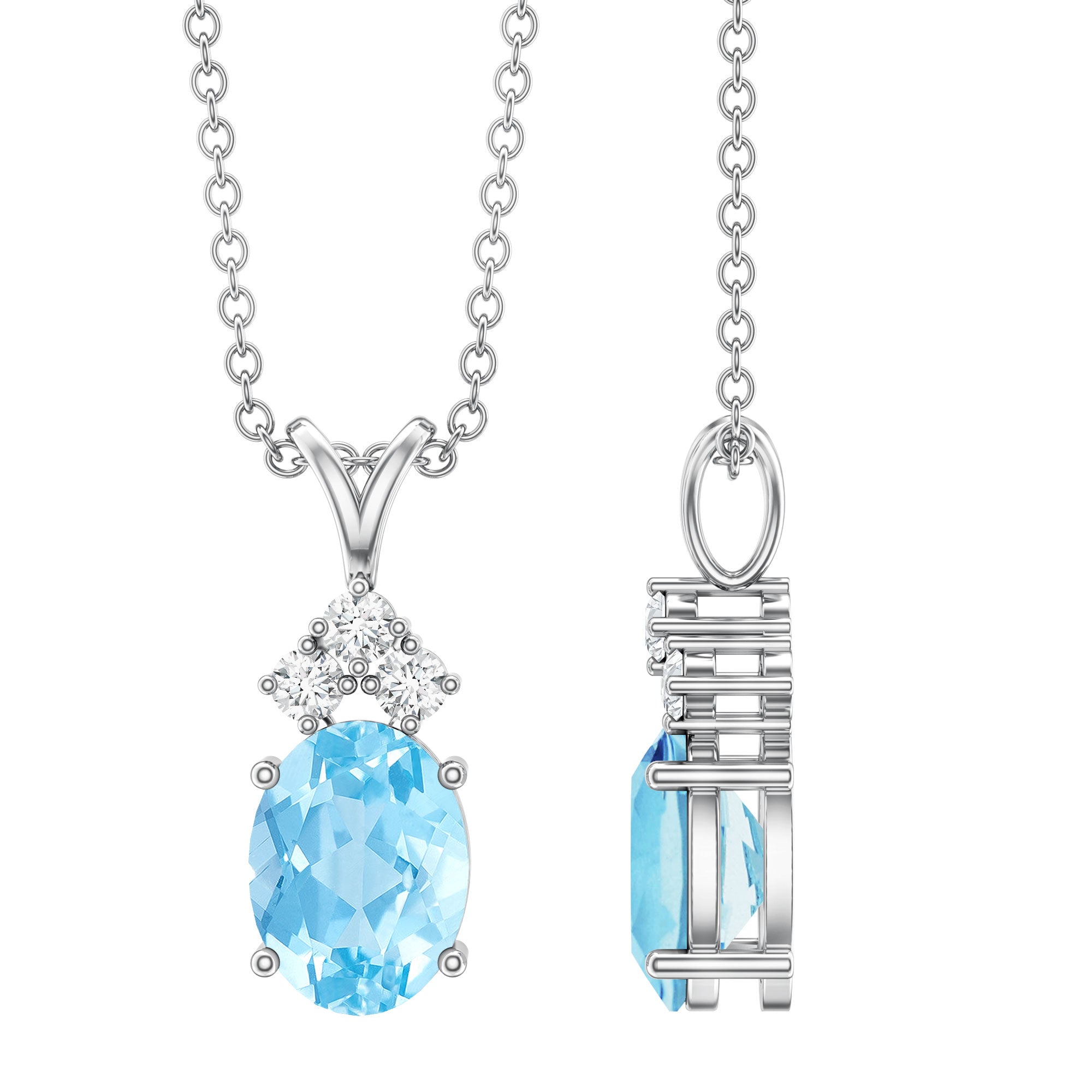 Real 1 Carat Oval Cut Aquamarine Pendant Necklace with Diamond Trio AAA - Rosec Jewels
