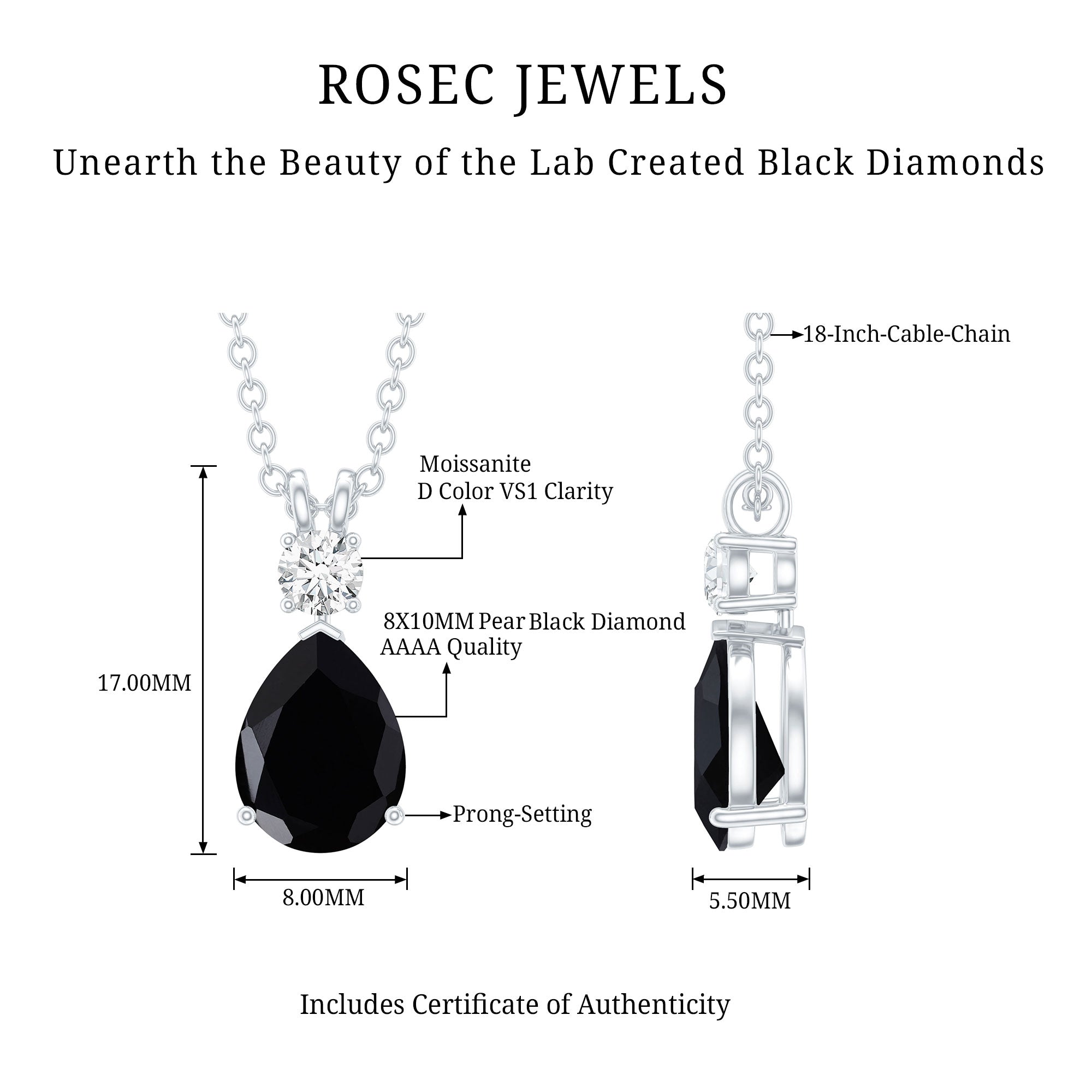 4.8 Carat Lab Created Black and White Diamond Teardrop Necklace AAAA ( Synthetic ) - Rosec Jewels