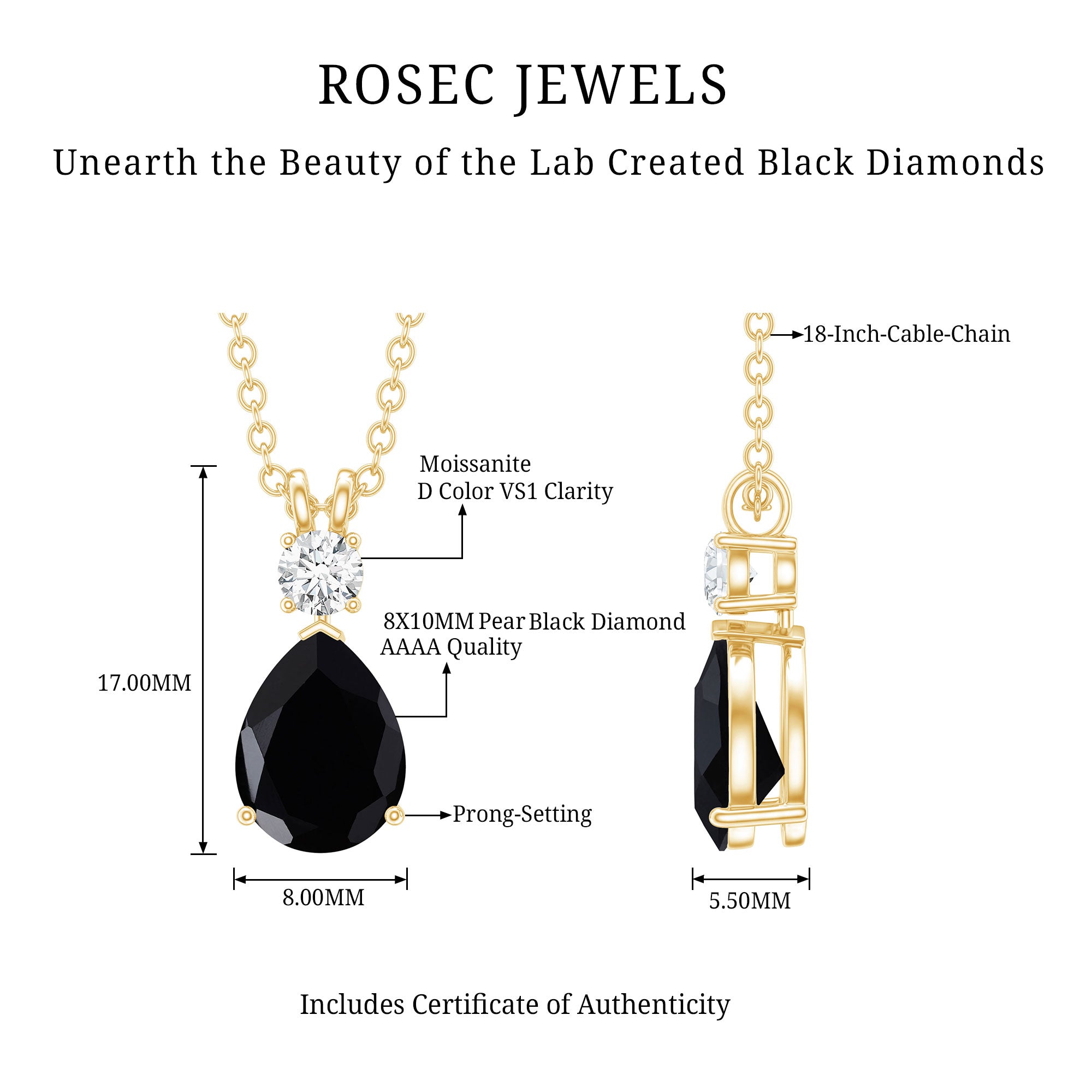 4.8 Carat Lab Created Black and White Diamond Teardrop Necklace AAAA ( Synthetic ) - Rosec Jewels
