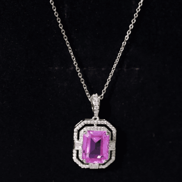 2.7 Carat Lab Created Pink Sapphire Emerald Cut Pendant with Moissanite AAAA - Rosec Jewels