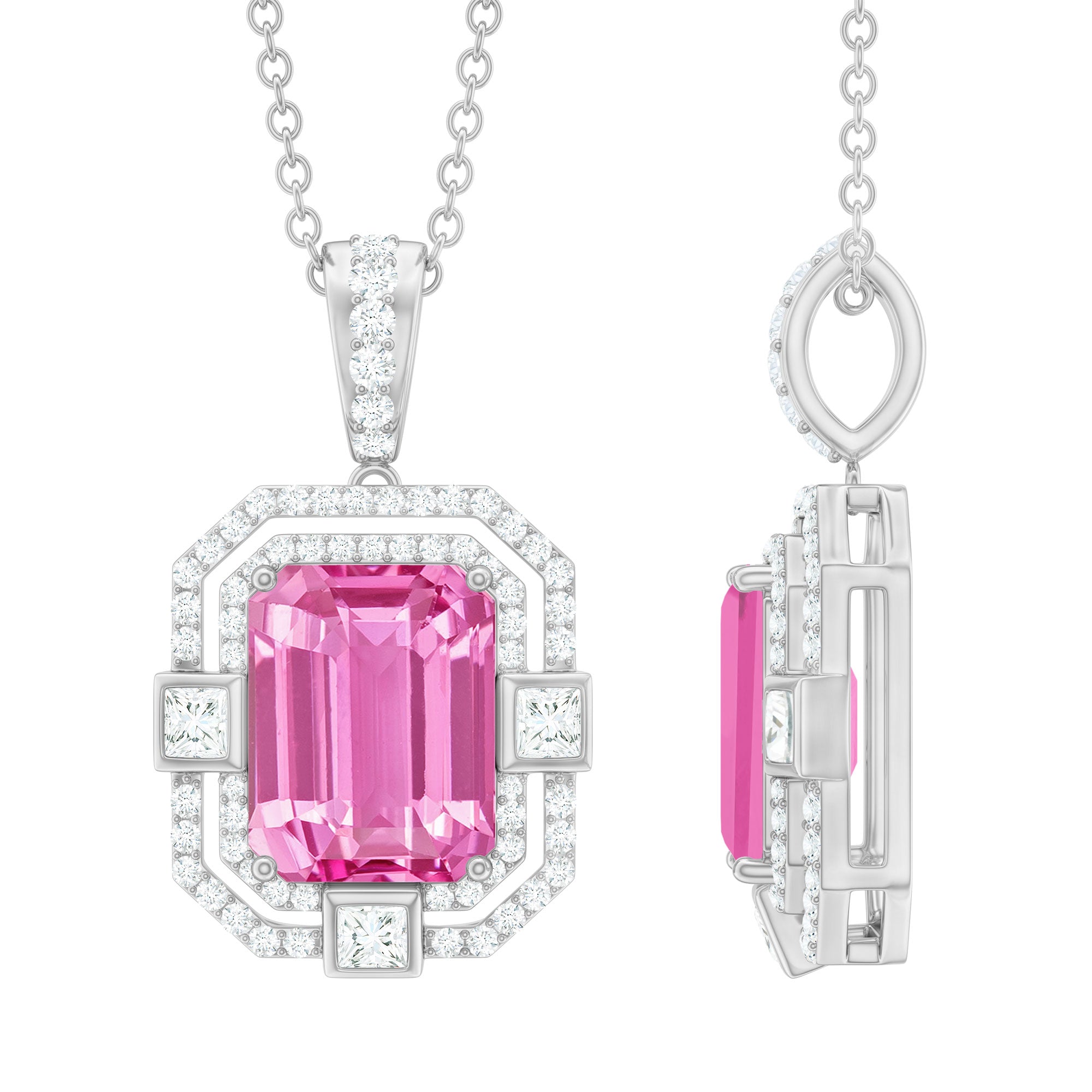 2.7 Carat Lab Created Pink Sapphire Emerald Cut Pendant with Moissanite AAAA - Rosec Jewels
