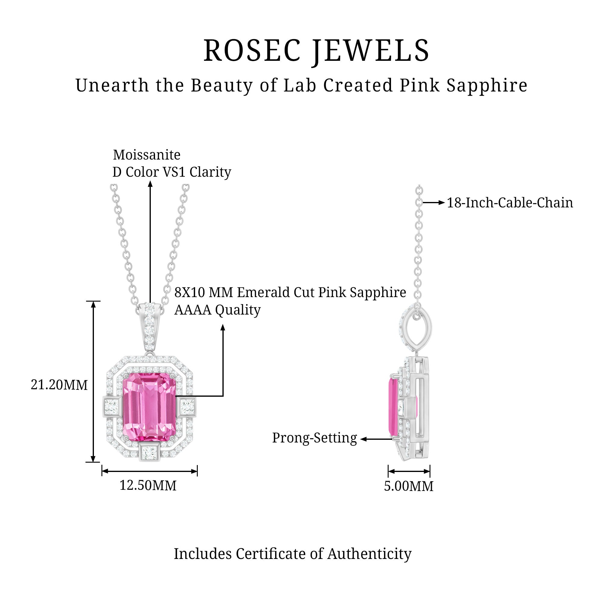 2.7 Carat Lab Created Pink Sapphire Emerald Cut Pendant with Moissanite AAAA - Rosec Jewels