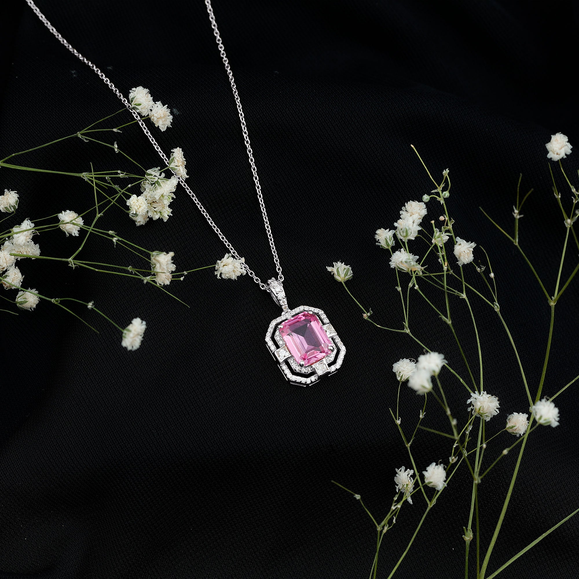 2.7 Carat Lab Created Pink Sapphire Emerald Cut Pendant with Moissanite AAAA - Rosec Jewels