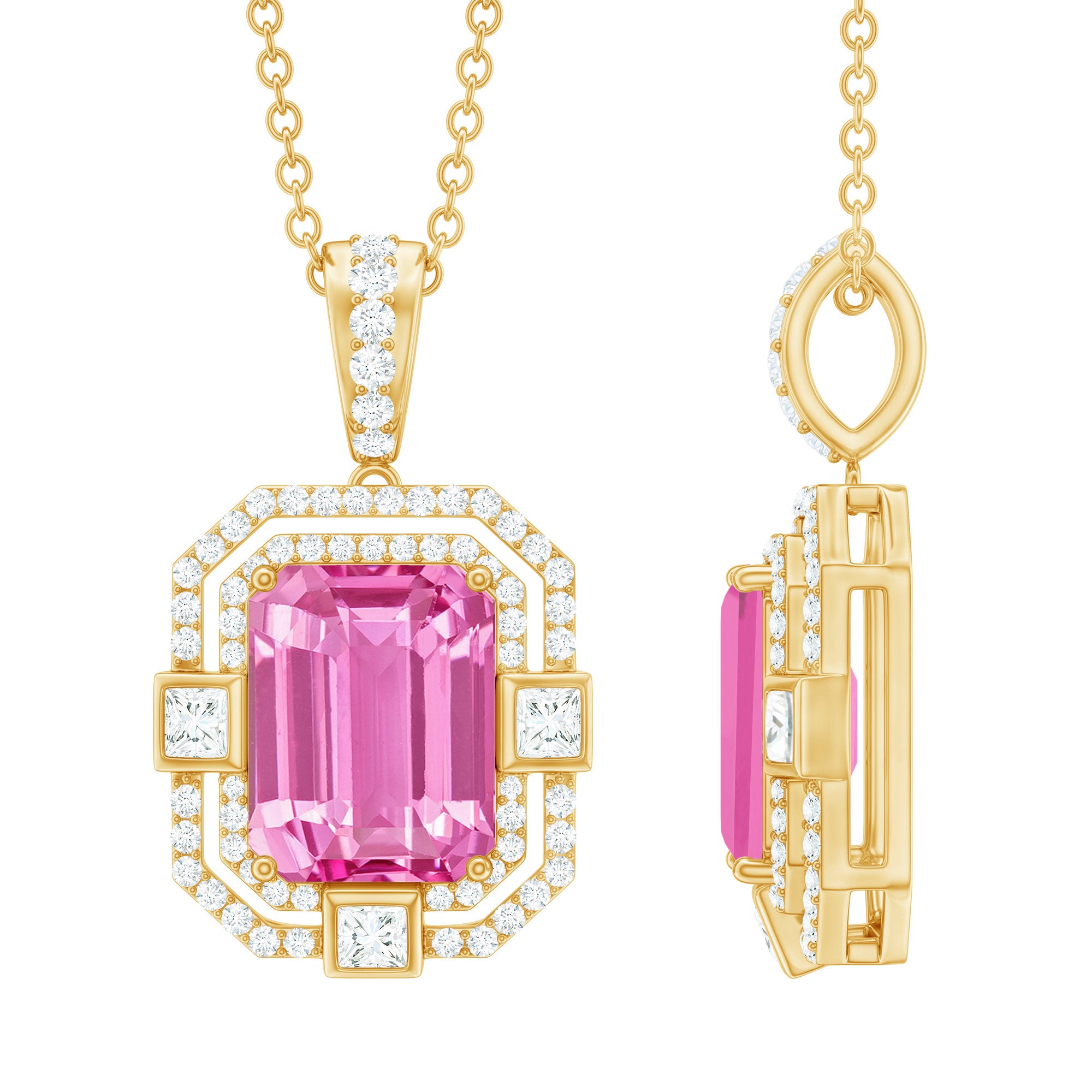 2.7 Carat Lab Created Pink Sapphire Emerald Cut Pendant with Moissanite AAAA - Rosec Jewels