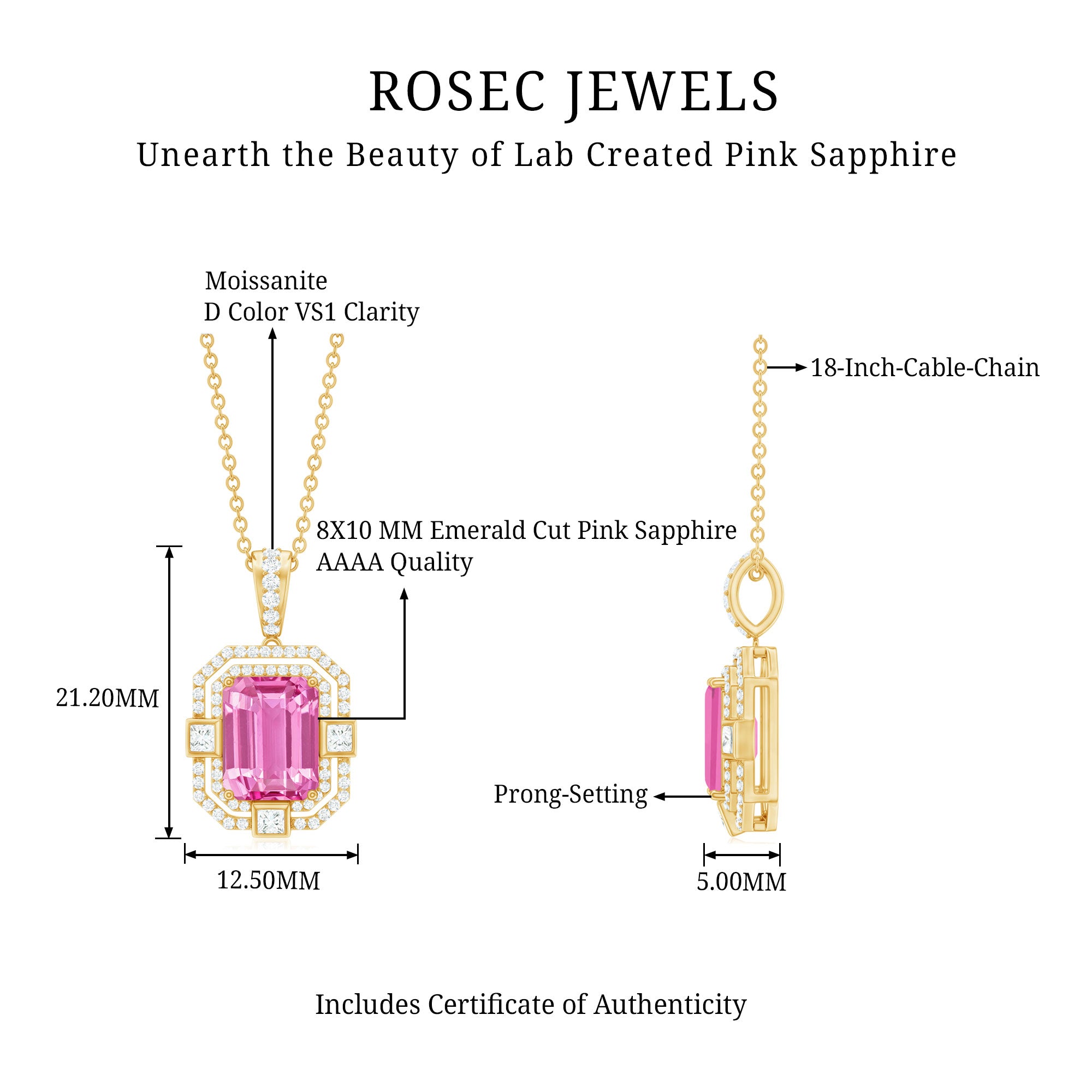 2.7 Carat Lab Created Pink Sapphire Emerald Cut Pendant with Moissanite AAAA - Rosec Jewels
