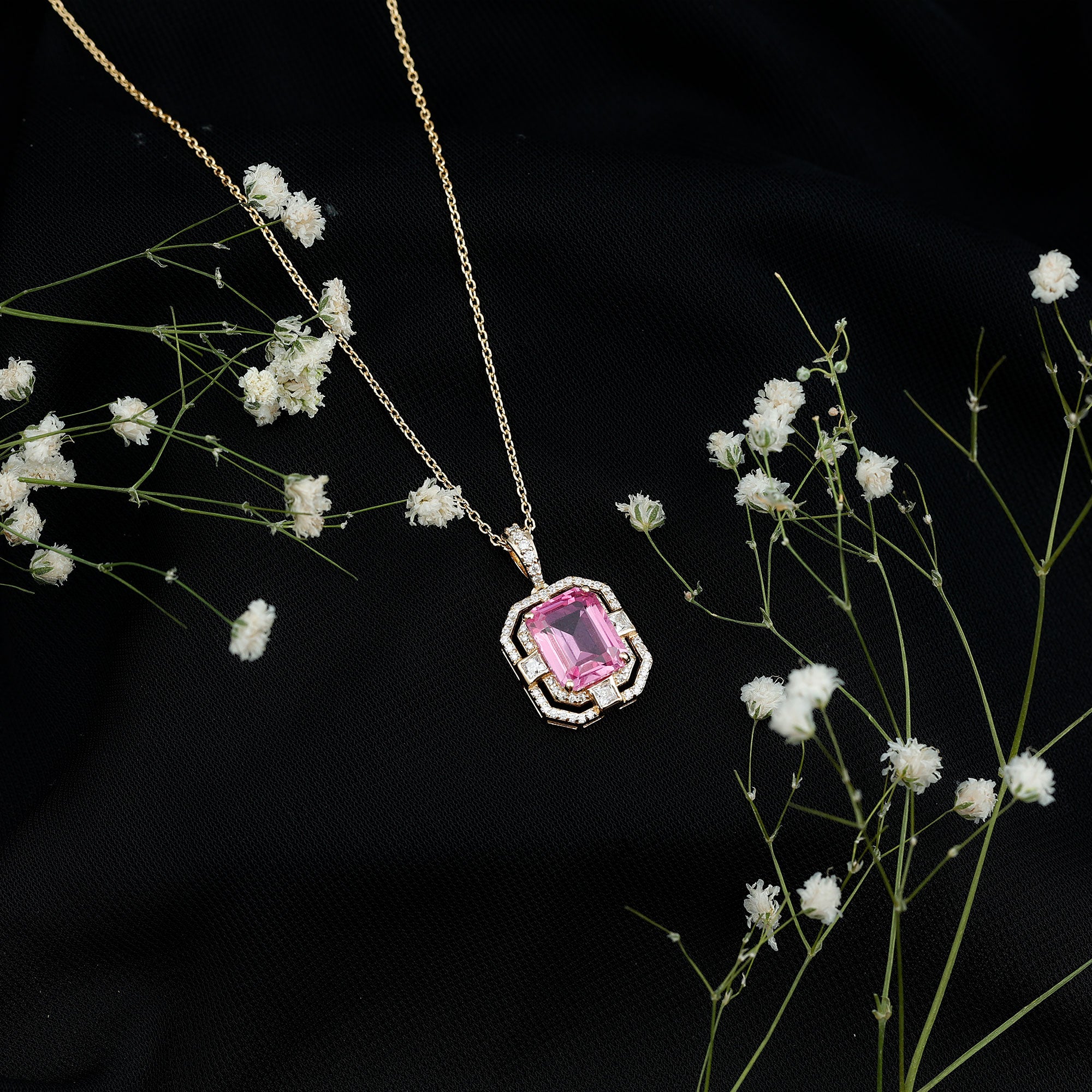2.7 Carat Lab Created Pink Sapphire Emerald Cut Pendant with Moissanite AAAA - Rosec Jewels