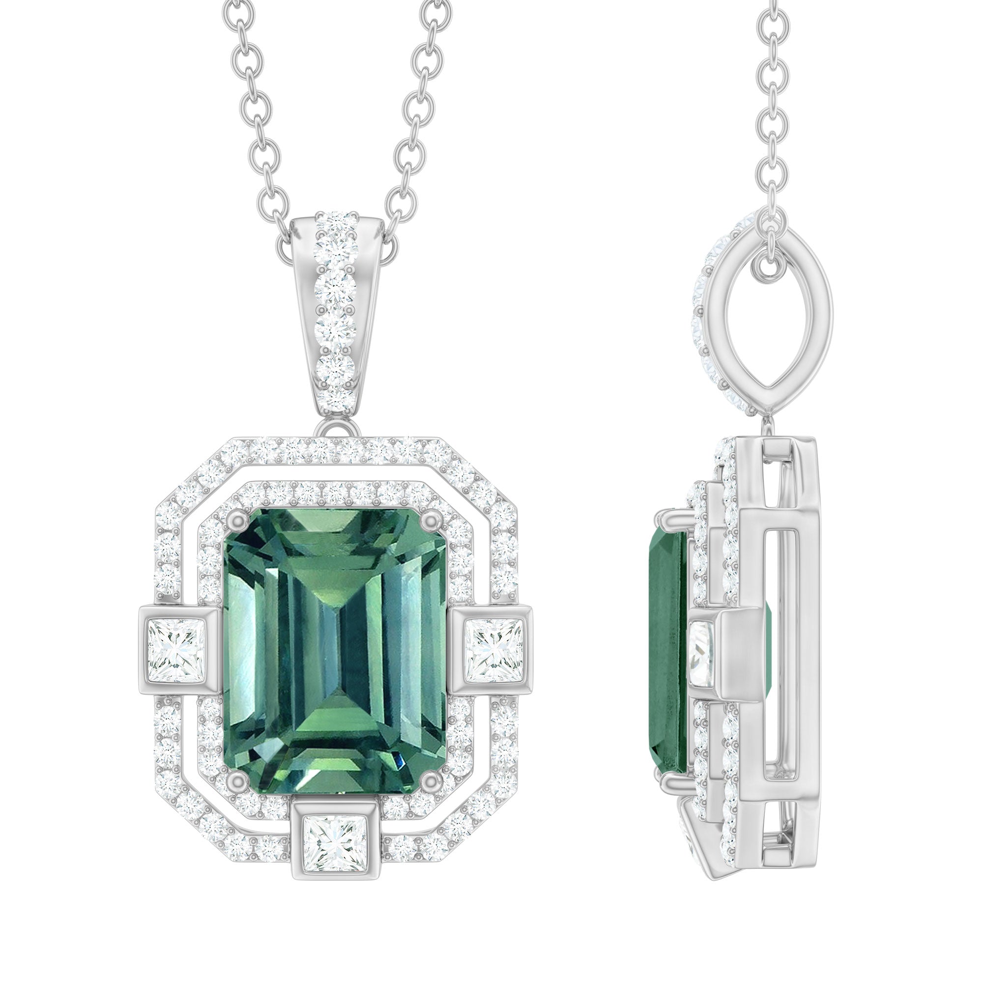 Vintage Style Octagon Created Green Sapphire Pendant with Moissanite