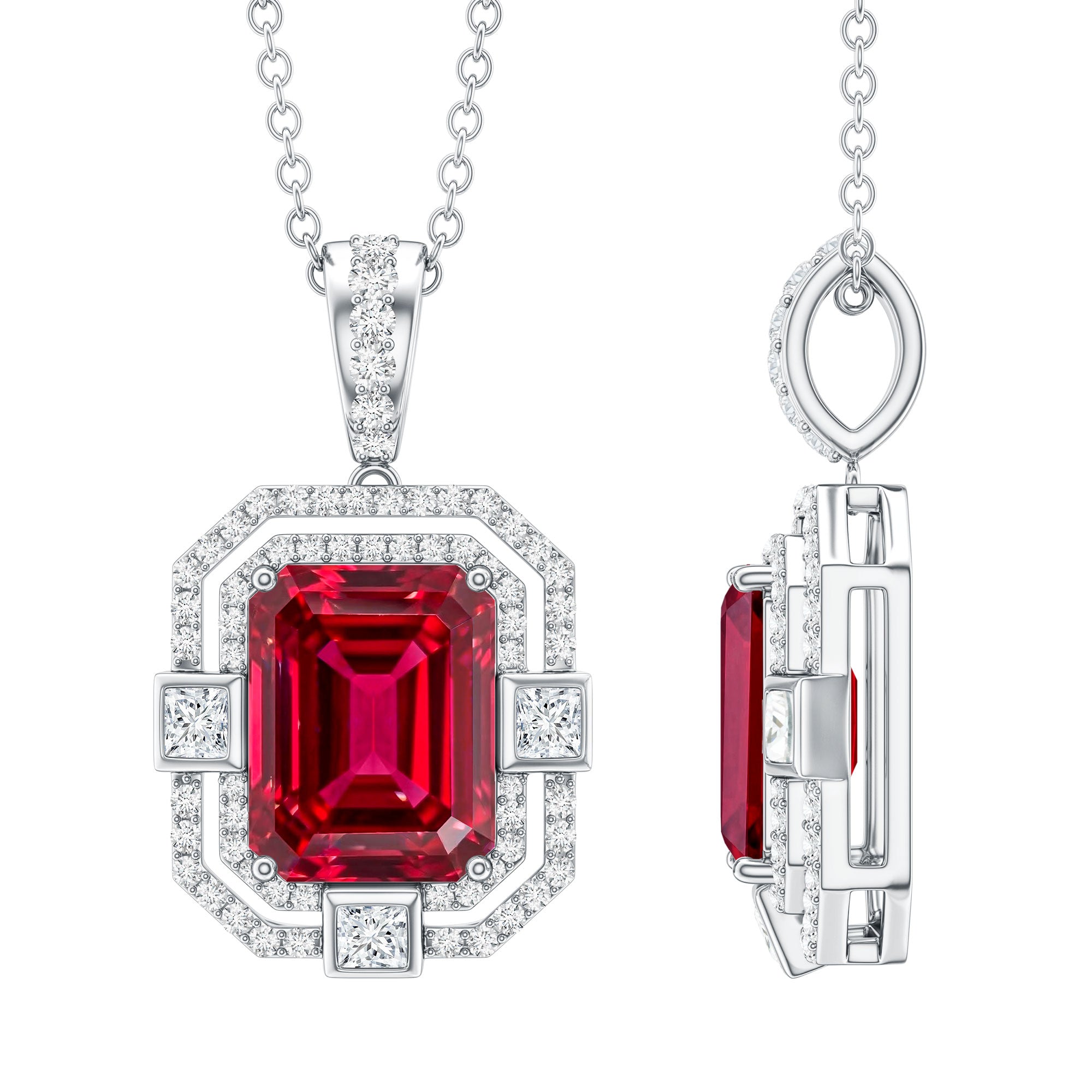 Vintage Inspired Lab Created Ruby Emerald Cut Necklace with Certificate AAAA - Rosec Jewels