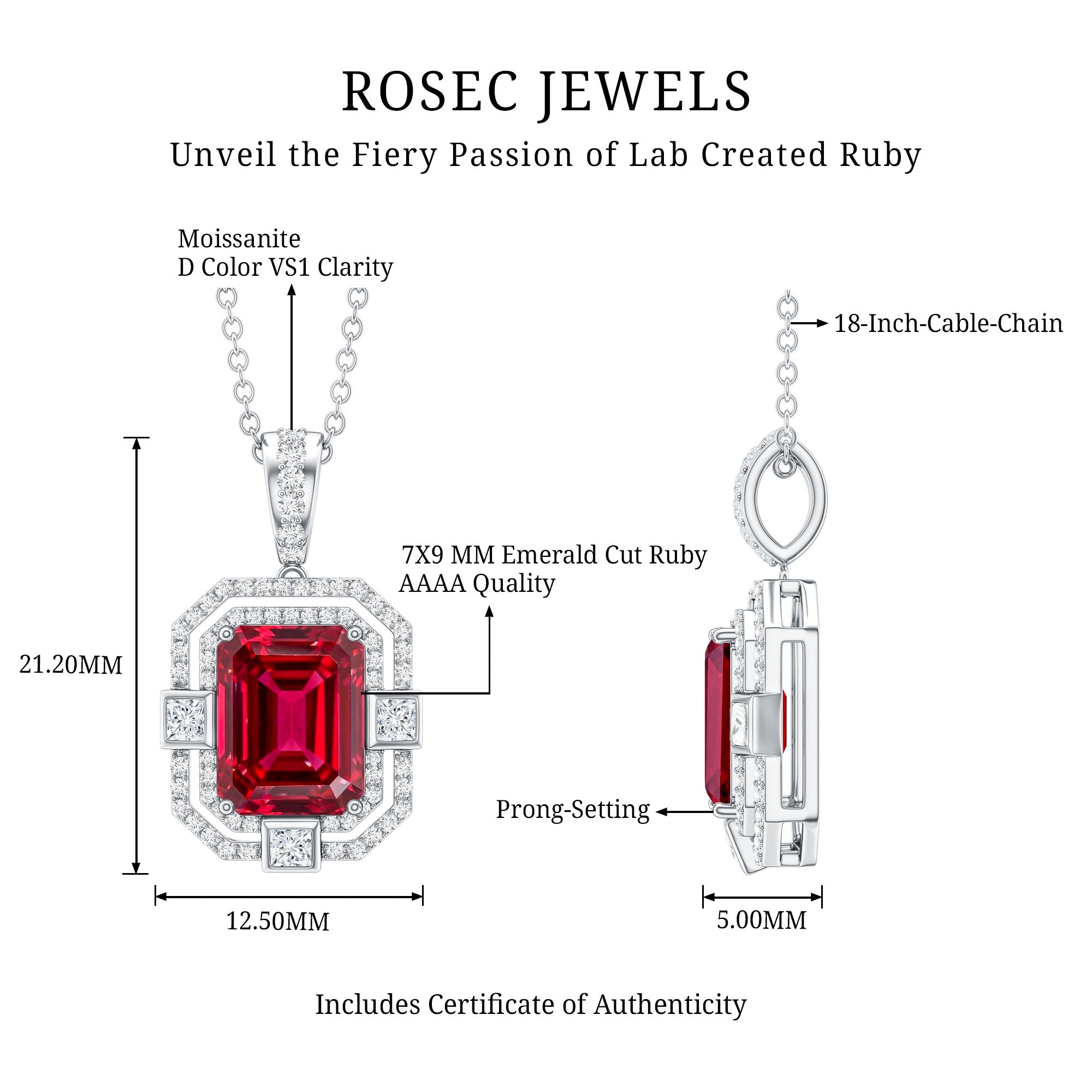 Vintage Inspired Lab Created Ruby Emerald Cut Necklace with Certificate AAAA - Rosec Jewels