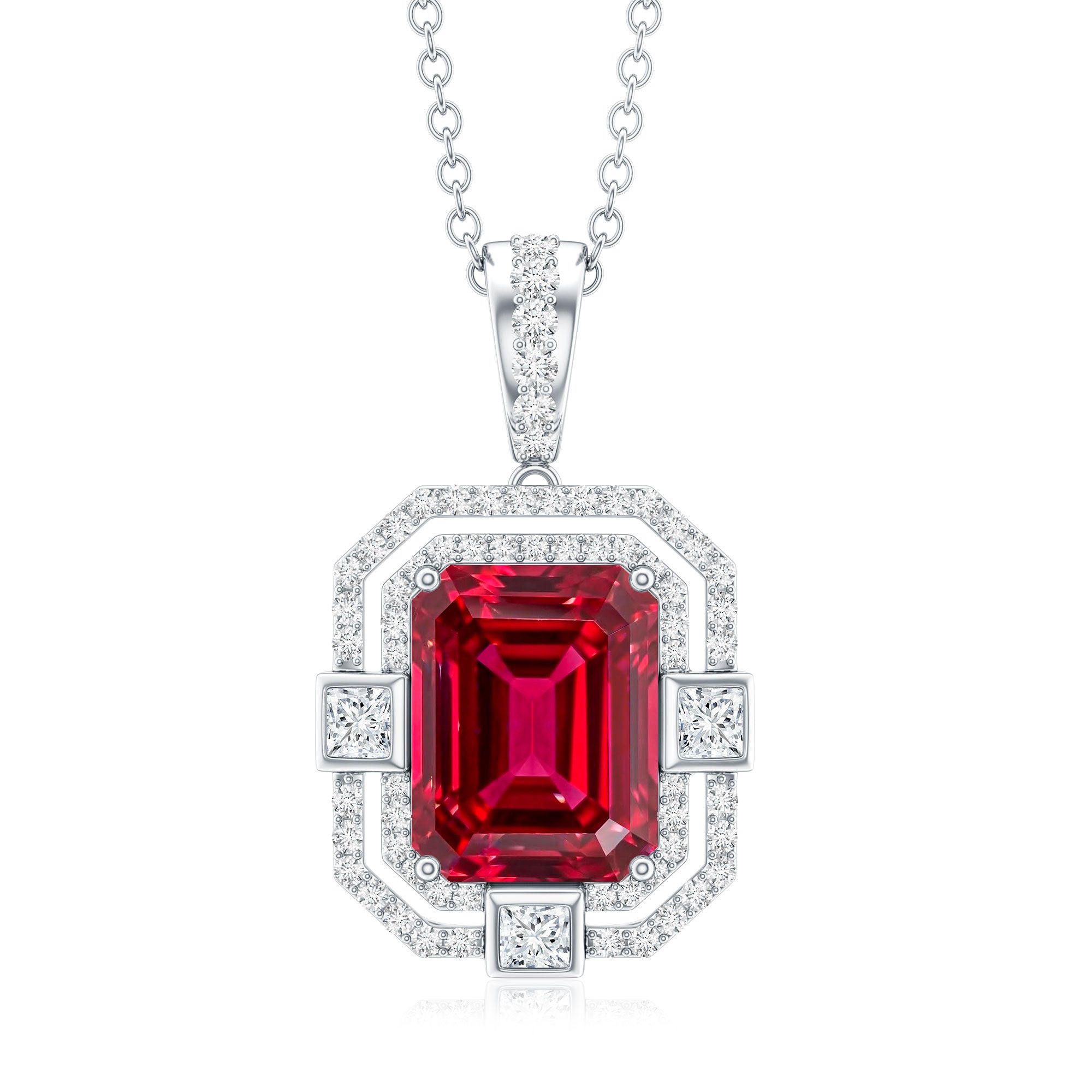 Vintage Inspired Lab Created Ruby Emerald Cut Necklace with Certificate AAAA - Rosec Jewels