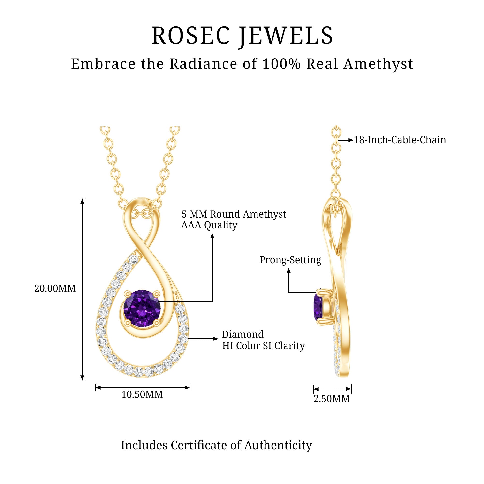 Natural Amethyst Infinity Pendant Necklace with Diamond AAA - Rosec Jewels