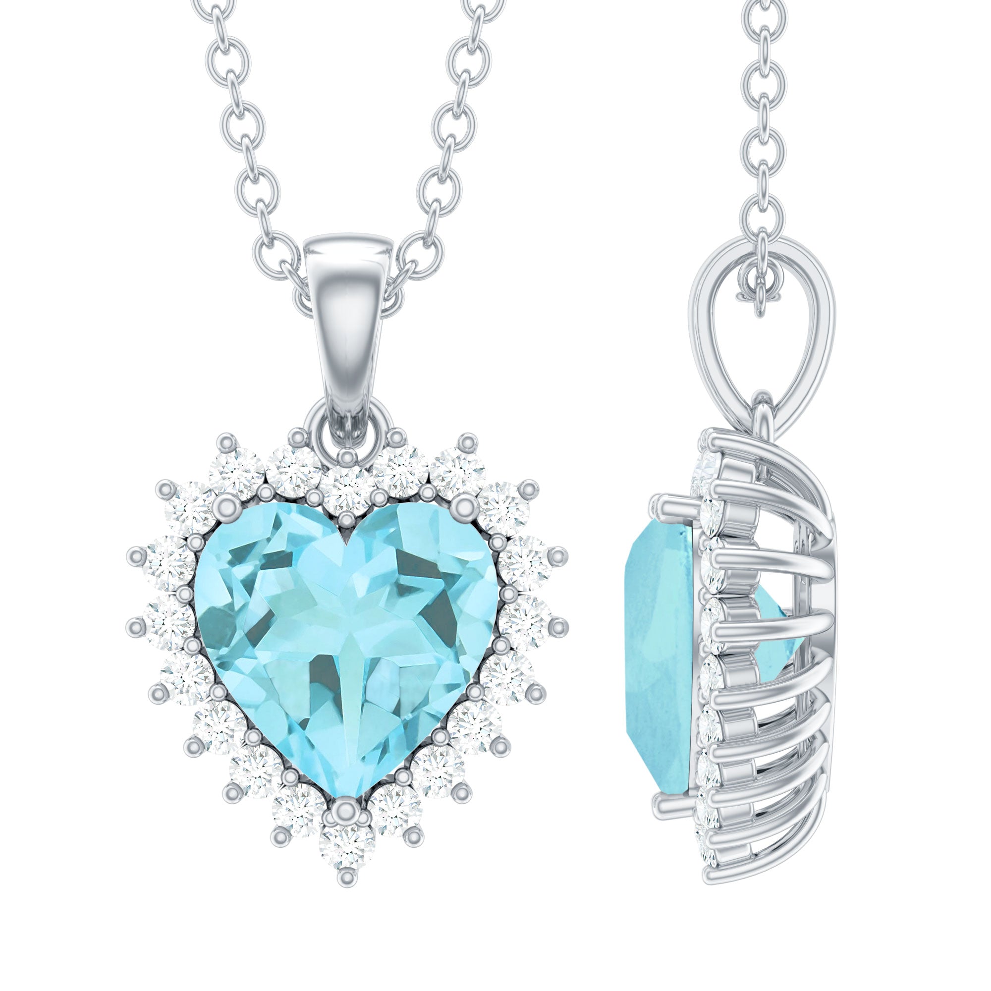 Real Sky Blue Topaz Heart Necklace with Moissanite Halo