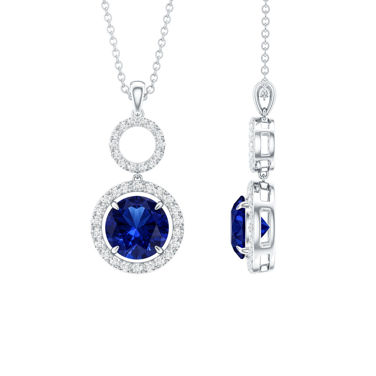 Lab Grown Blue Sapphire Halo Pendant with Moissanite AAAA - Rosec Jewels