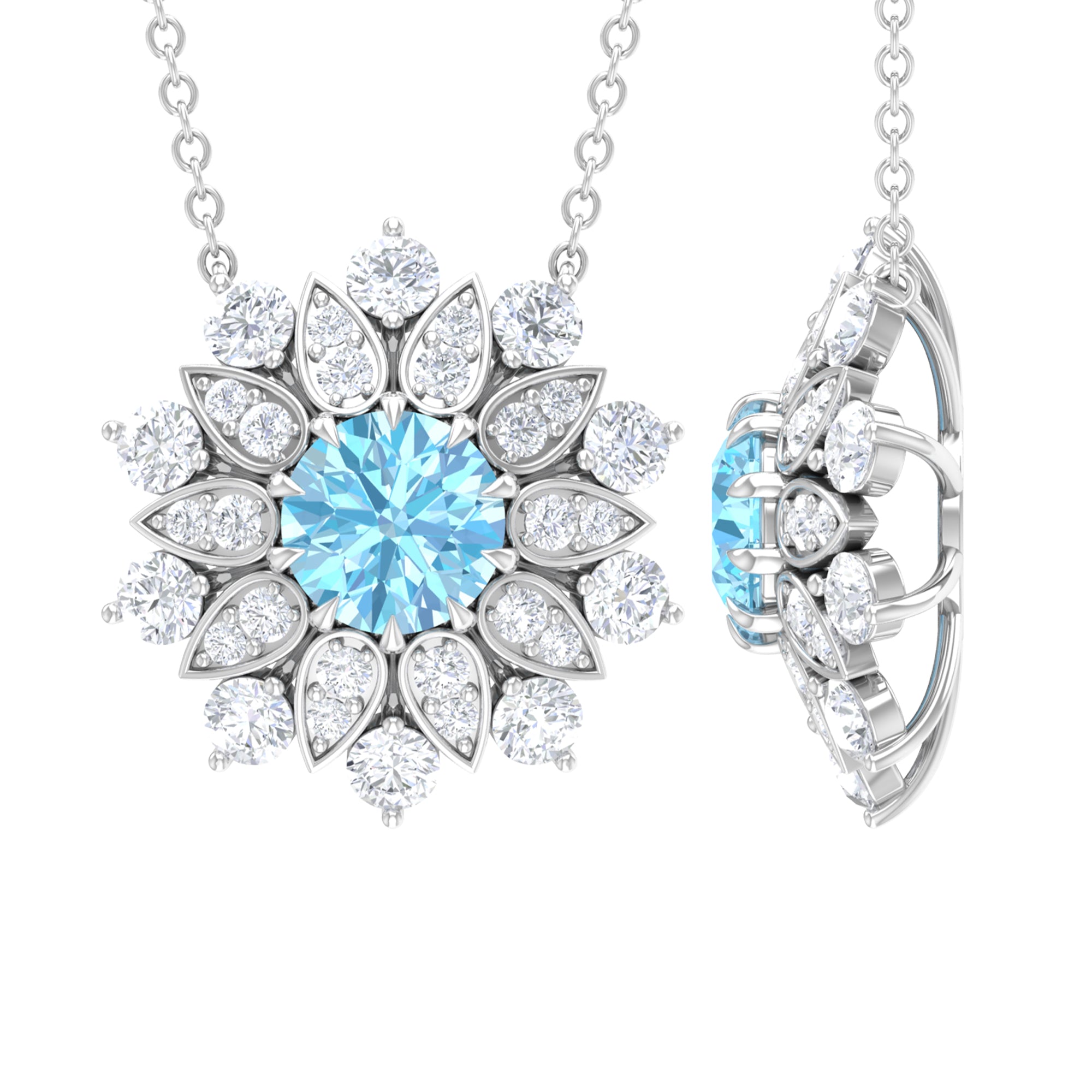 Aquamarine and Moissanite Flower Statement Necklace