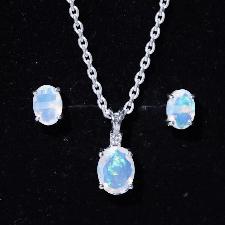 Real 3 Carat Oval Shaped Ethiopian Opal Solitaire Necklace Earrings Set with Diamond AAA - Rosec Jewels