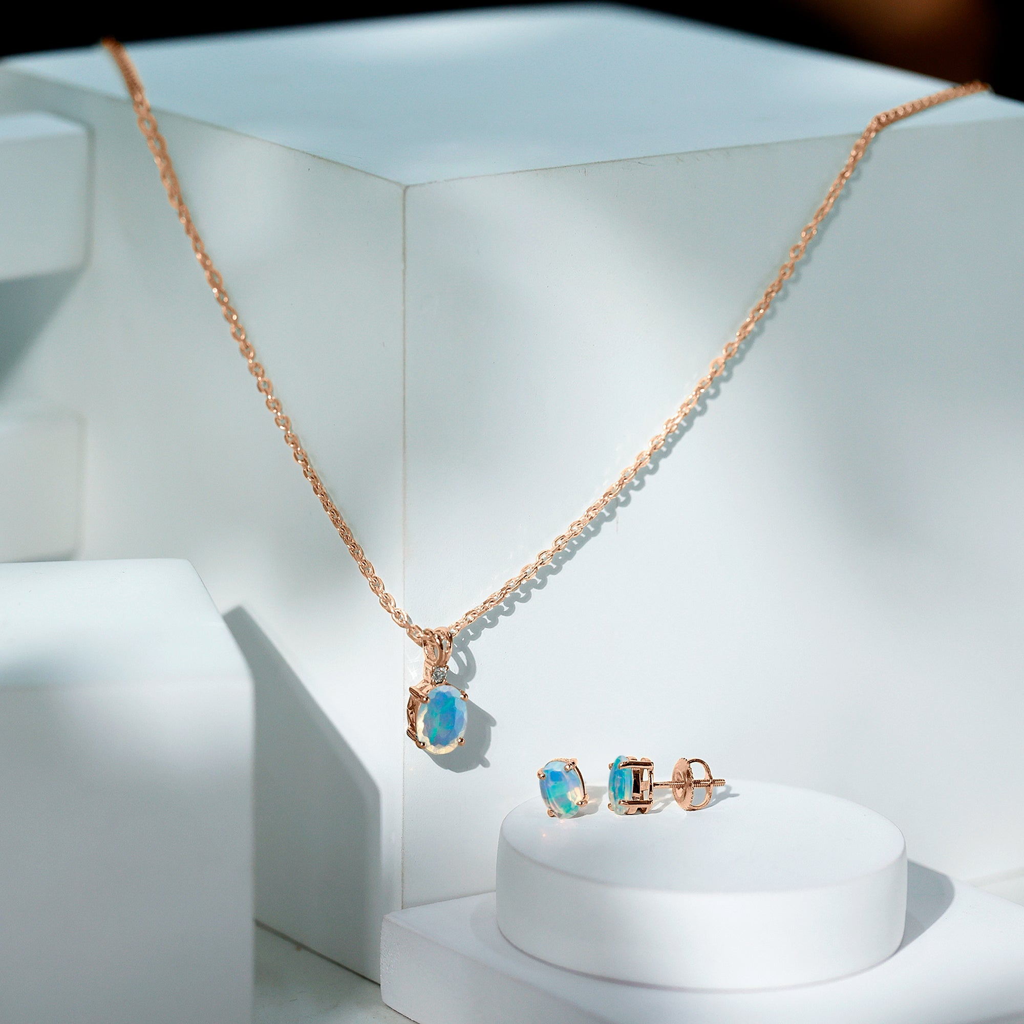 Real 3 Carat Oval Shaped Ethiopian Opal Solitaire Necklace Earrings Set with Diamond AAA - Rosec Jewels