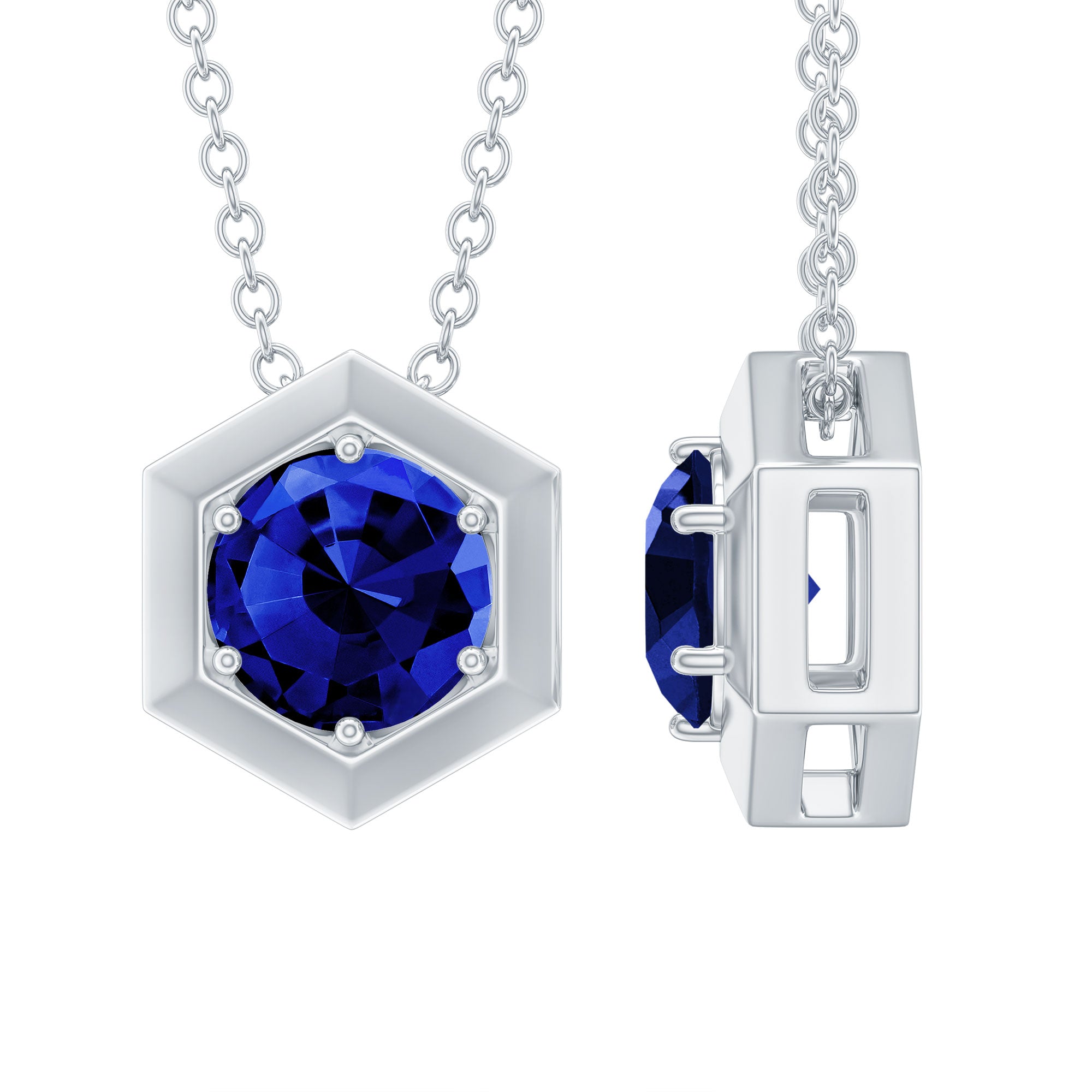 Round Created Blue Sapphire Hexagon Shape Pendant Necklace