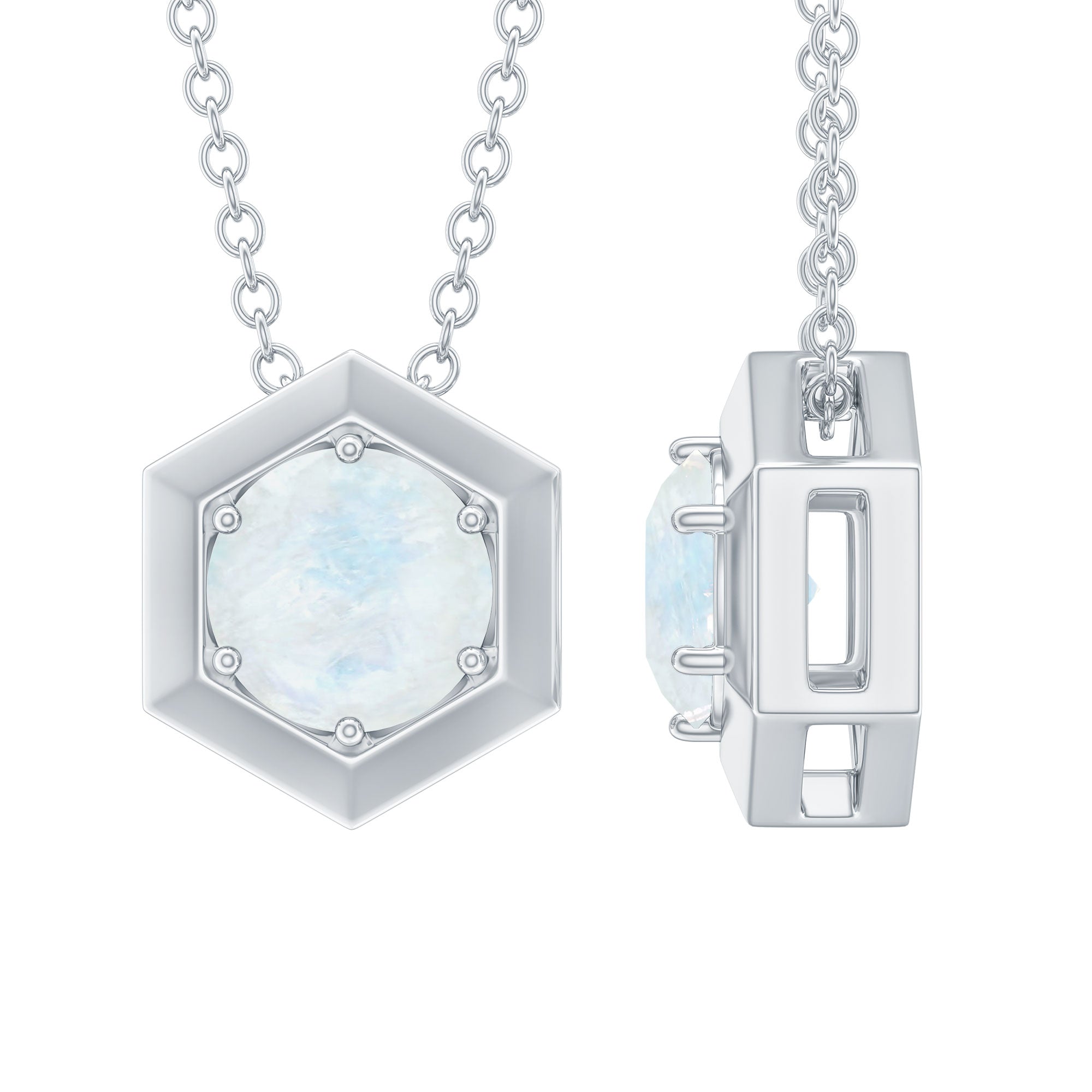 1/2 CT Moonstone Solitaire and Gold Hexagon Pendant Necklace