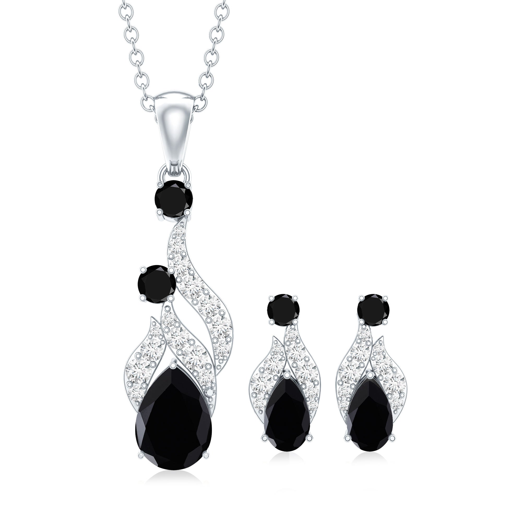 Natural Black Onyx Drop Pendant and Earrings Set with Diamond AAA - Rosec Jewels