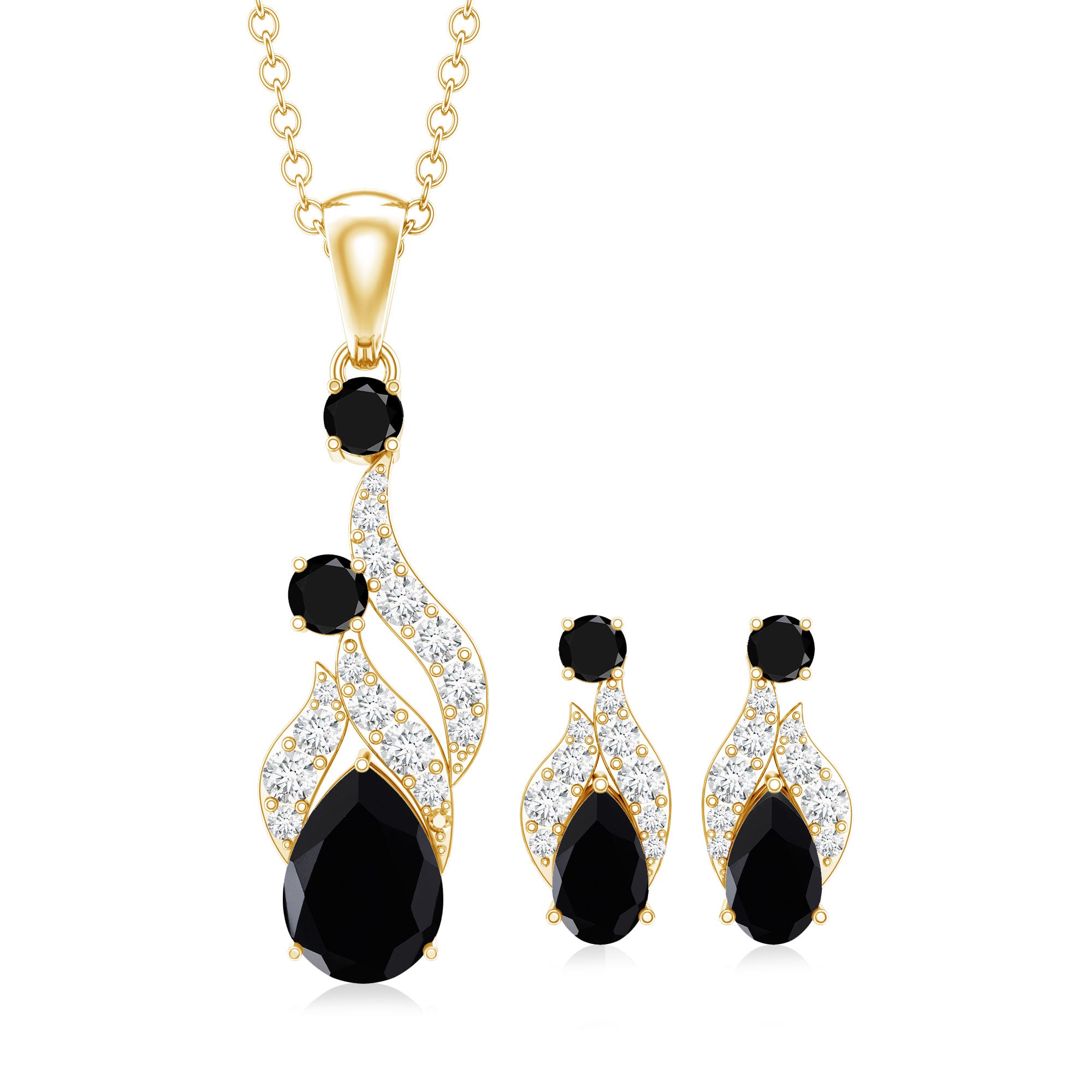 Natural Black Onyx Drop Pendant and Earrings Set with Diamond AAA - Rosec Jewels