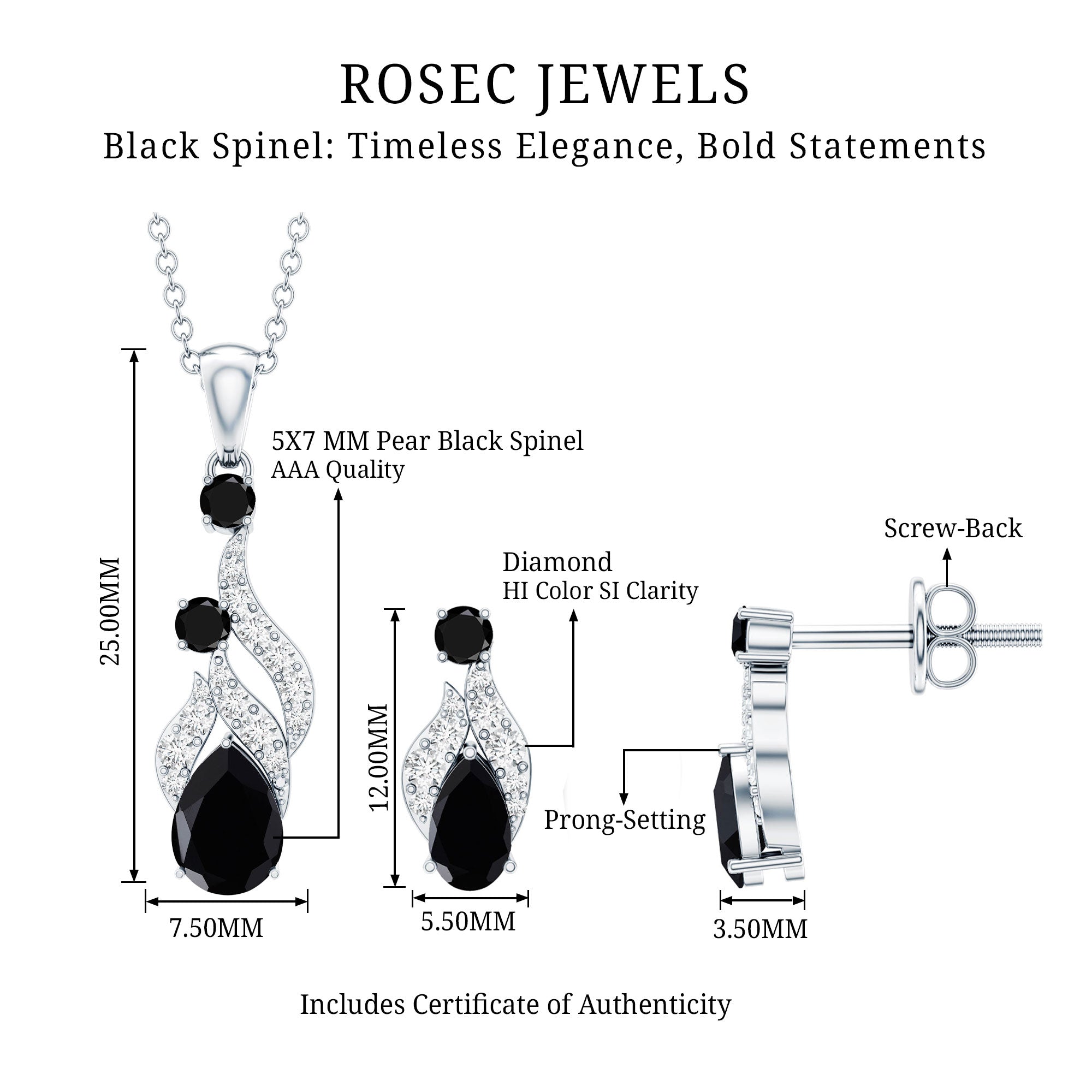 Designer Black Spinel Necklace and Earrings Set with Diamond AAA - Rosec Jewels