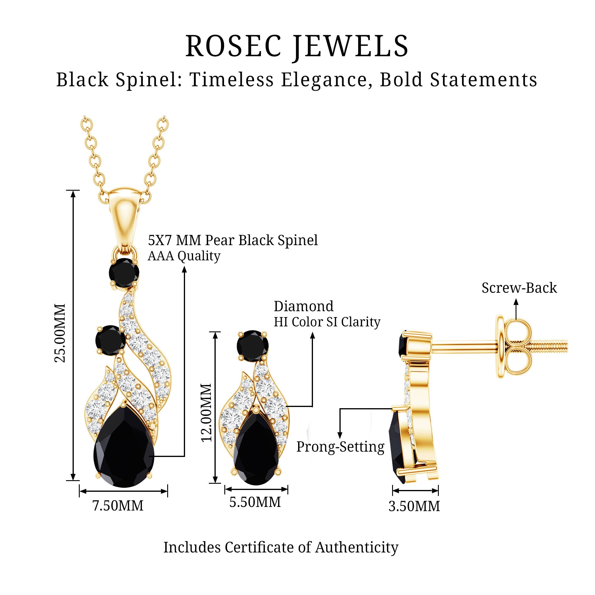 Designer Black Spinel Necklace and Earrings Set with Diamond AAA - Rosec Jewels