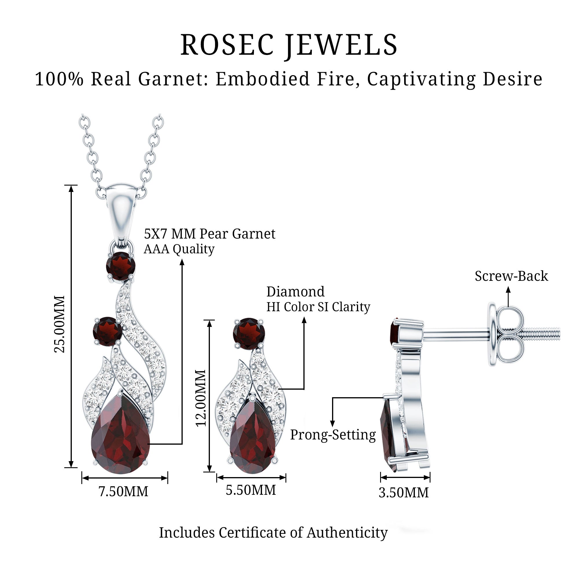 Garnet and Diamond Bridal Dangle Pendant and Earrings Set AAA - Rosec Jewels