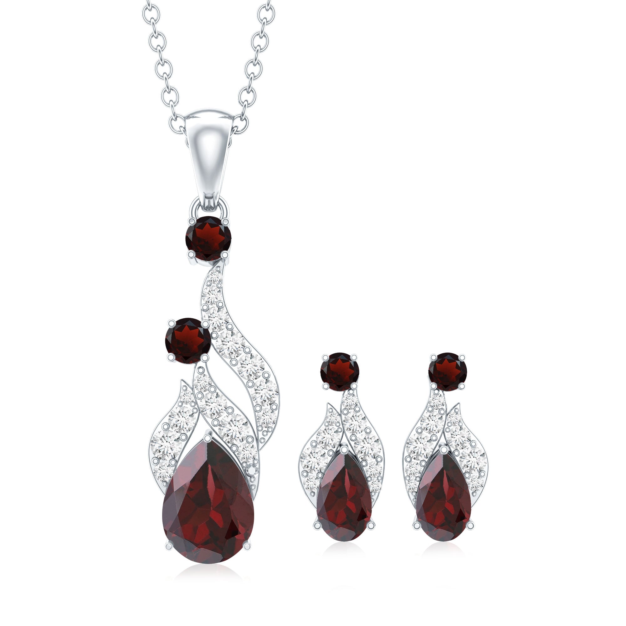 Garnet and Diamond Bridal Dangle Pendant and Earrings Set AAA - Rosec Jewels