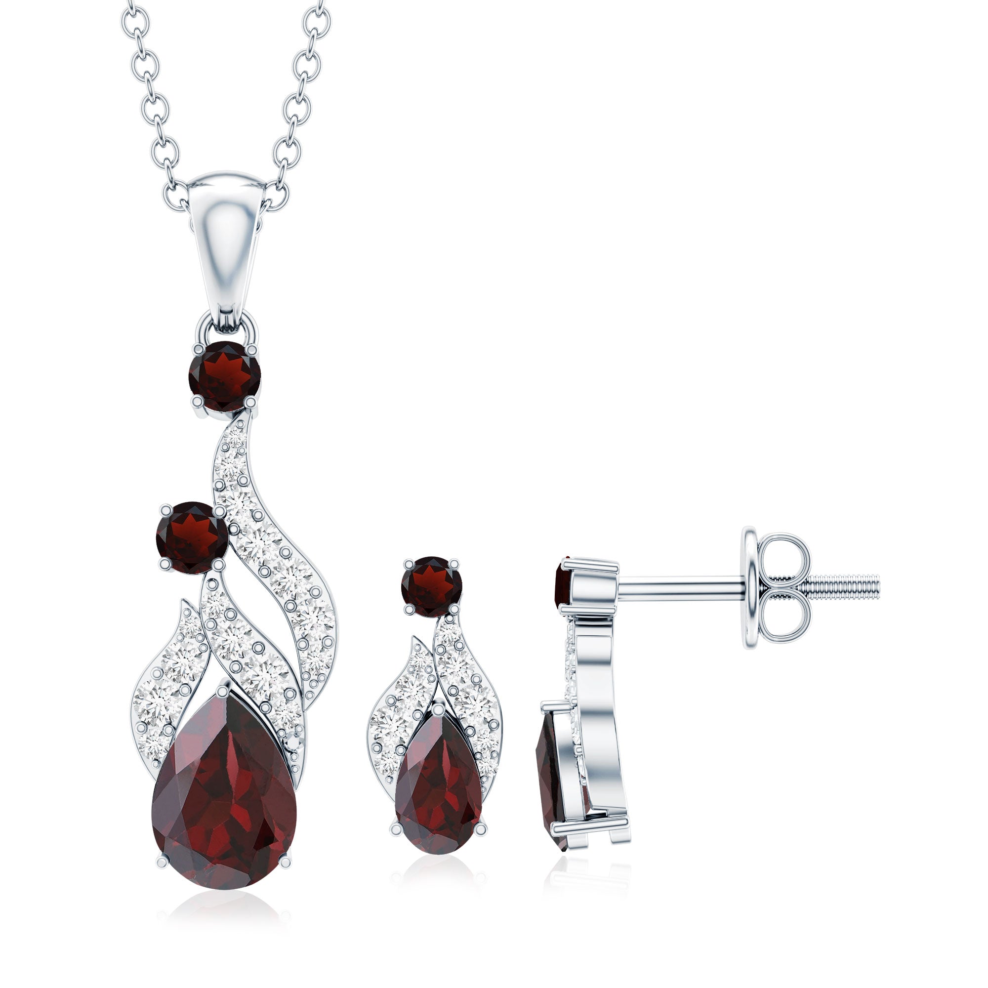 Garnet and Diamond Bridal Dangle Pendant and Earrings Set AAA - Rosec Jewels