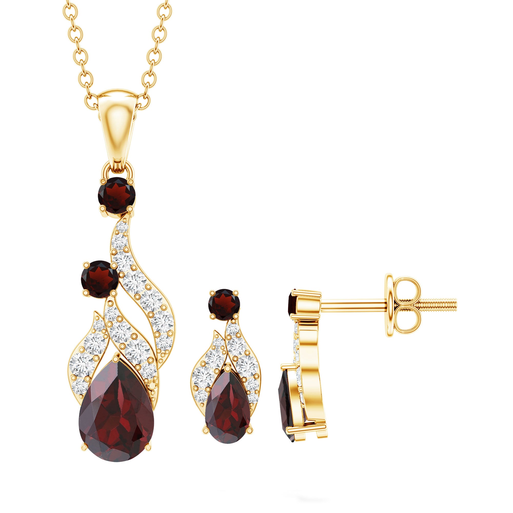 Garnet and Diamond Bridal Dangle Pendant and Earrings Set AAA - Rosec Jewels