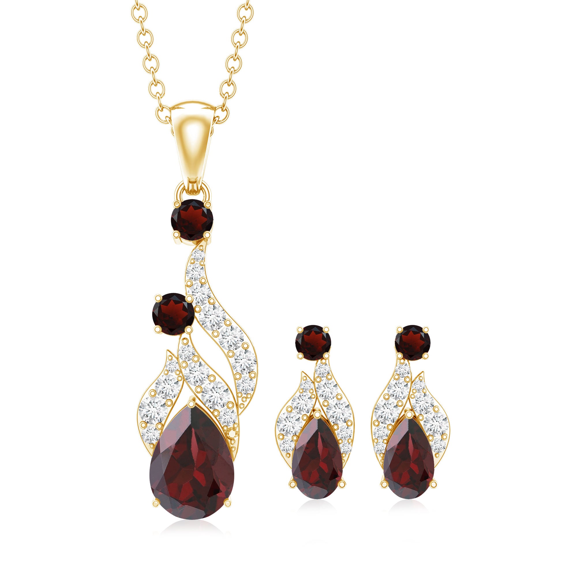 Garnet and Diamond Bridal Dangle Pendant and Earrings Set AAA - Rosec Jewels