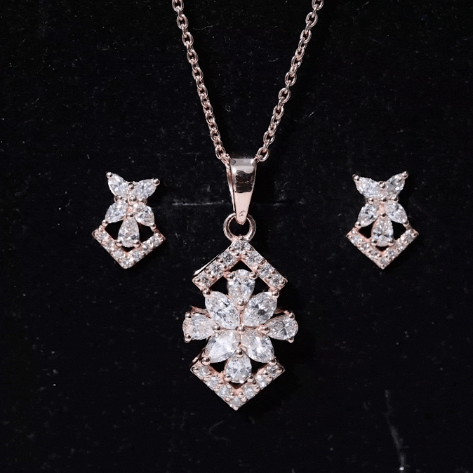 Genuine Diamond Flower Necklace and Earrings Set with Certificate Natural - ( HI-SI ) - Rosec Jewels
