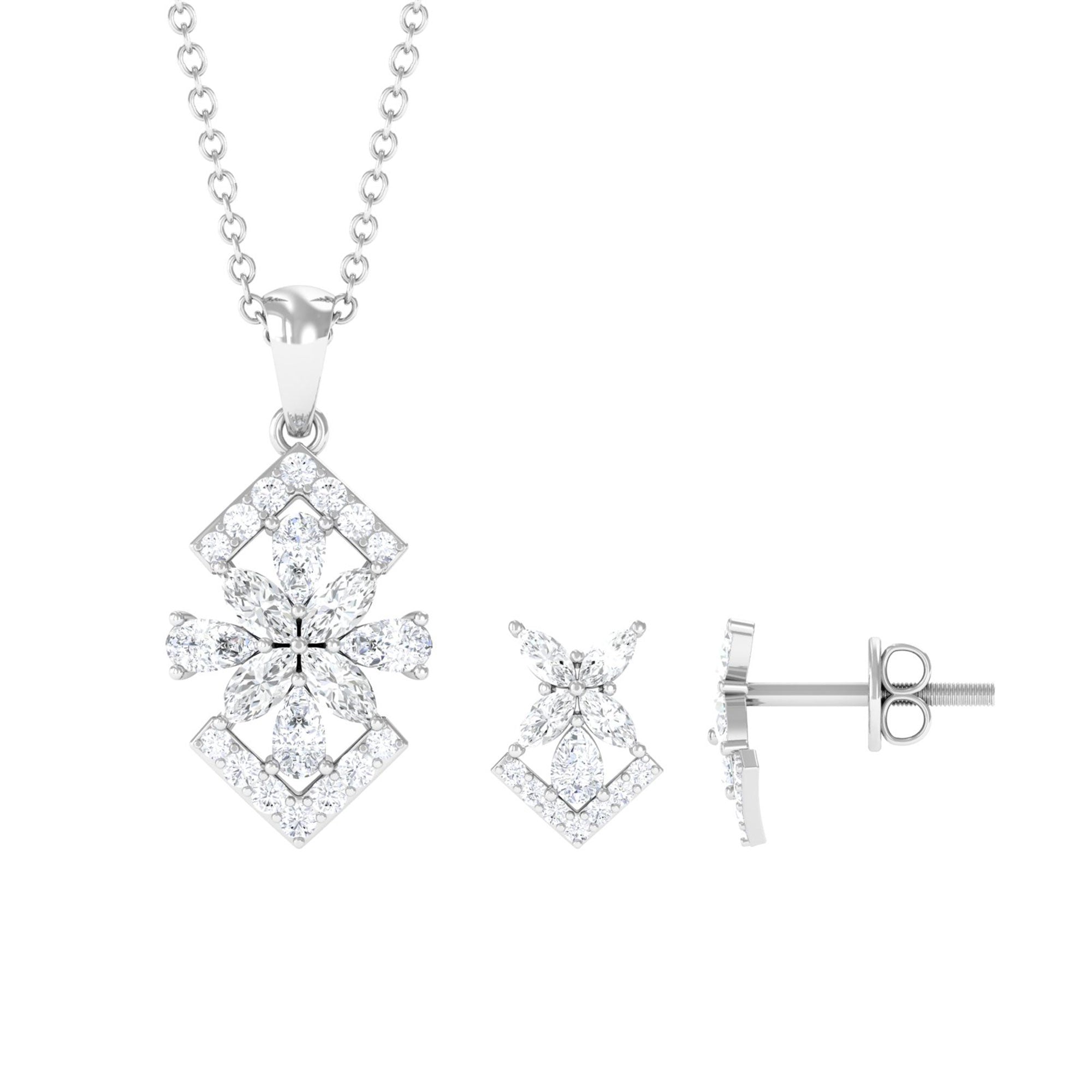 Genuine Diamond Flower Necklace and Earrings Set with Certificate Natural - ( HI-SI ) - Rosec Jewels