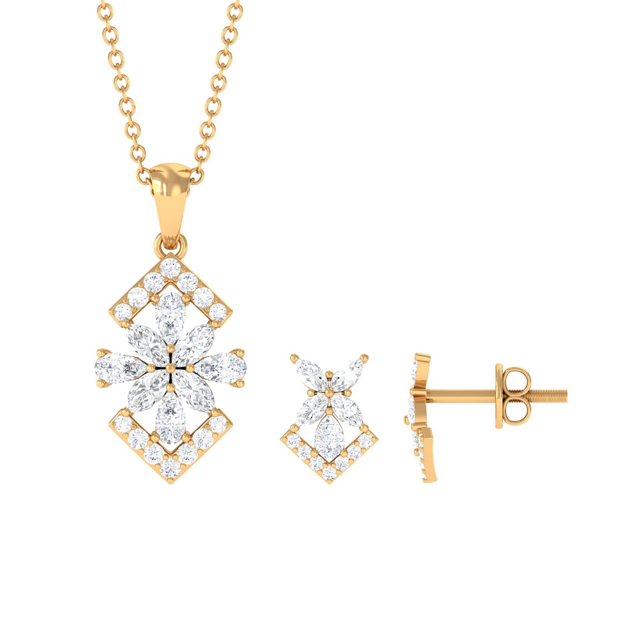 Genuine Diamond Flower Necklace and Earrings Set with Certificate Natural - ( HI-SI ) - Rosec Jewels