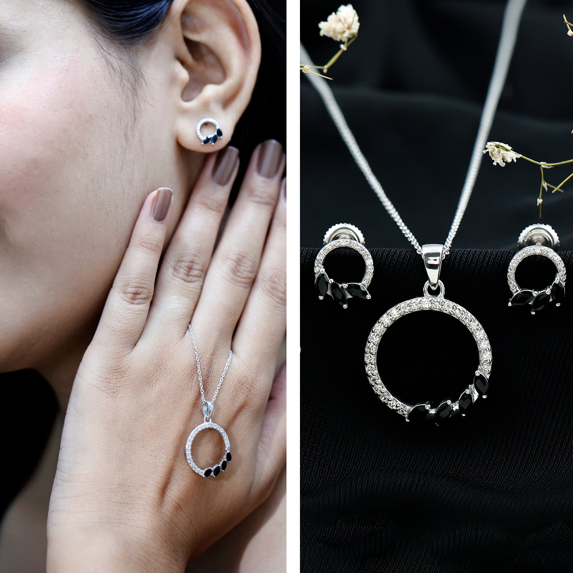 Marquise Cut Black Onyx and Diamond Eternity Jewelry Set AAA - Rosec Jewels