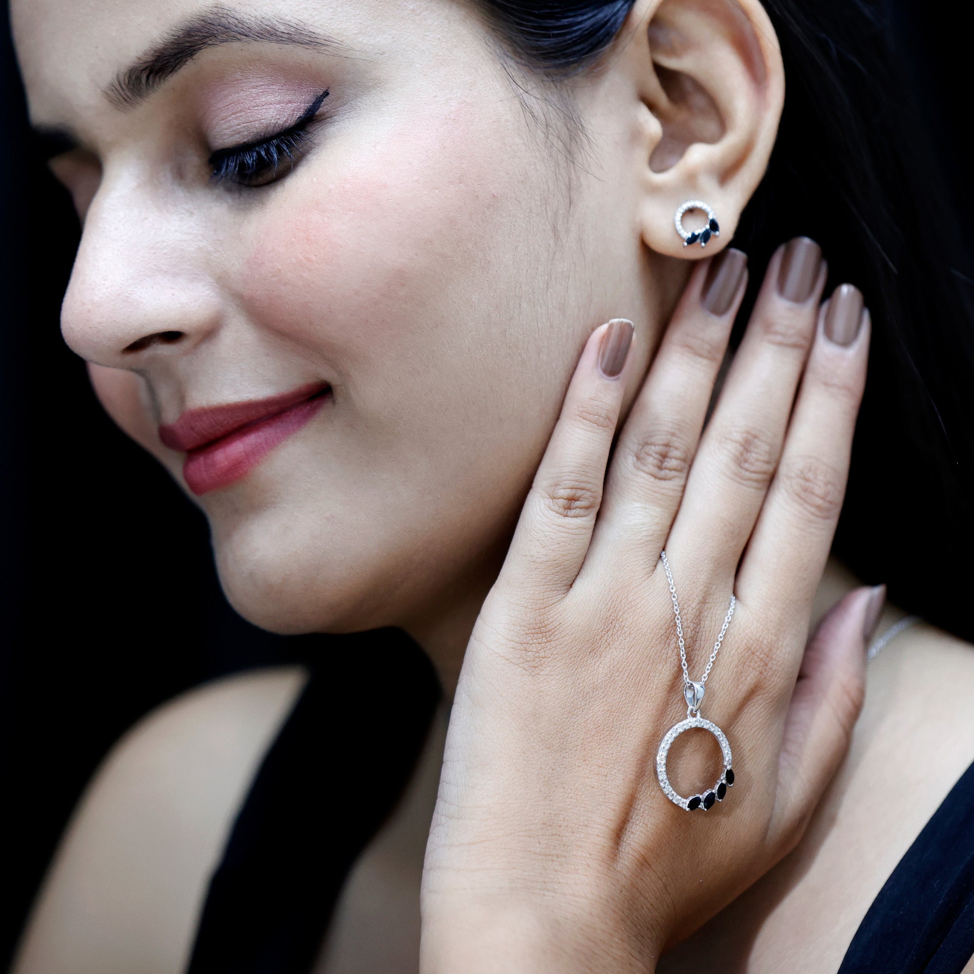 Marquise Cut Black Onyx and Diamond Eternity Jewelry Set AAA - Rosec Jewels