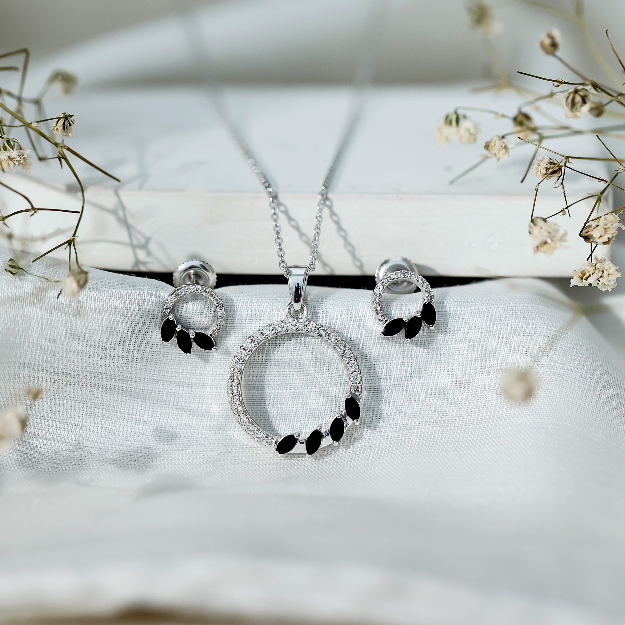 Marquise Cut Black Onyx and Diamond Eternity Jewelry Set AAA - Rosec Jewels
