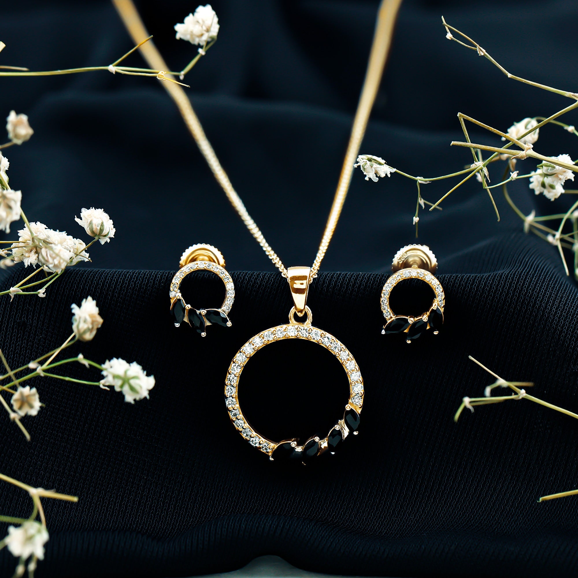 Marquise Cut Black Onyx and Diamond Eternity Jewelry Set AAA - Rosec Jewels
