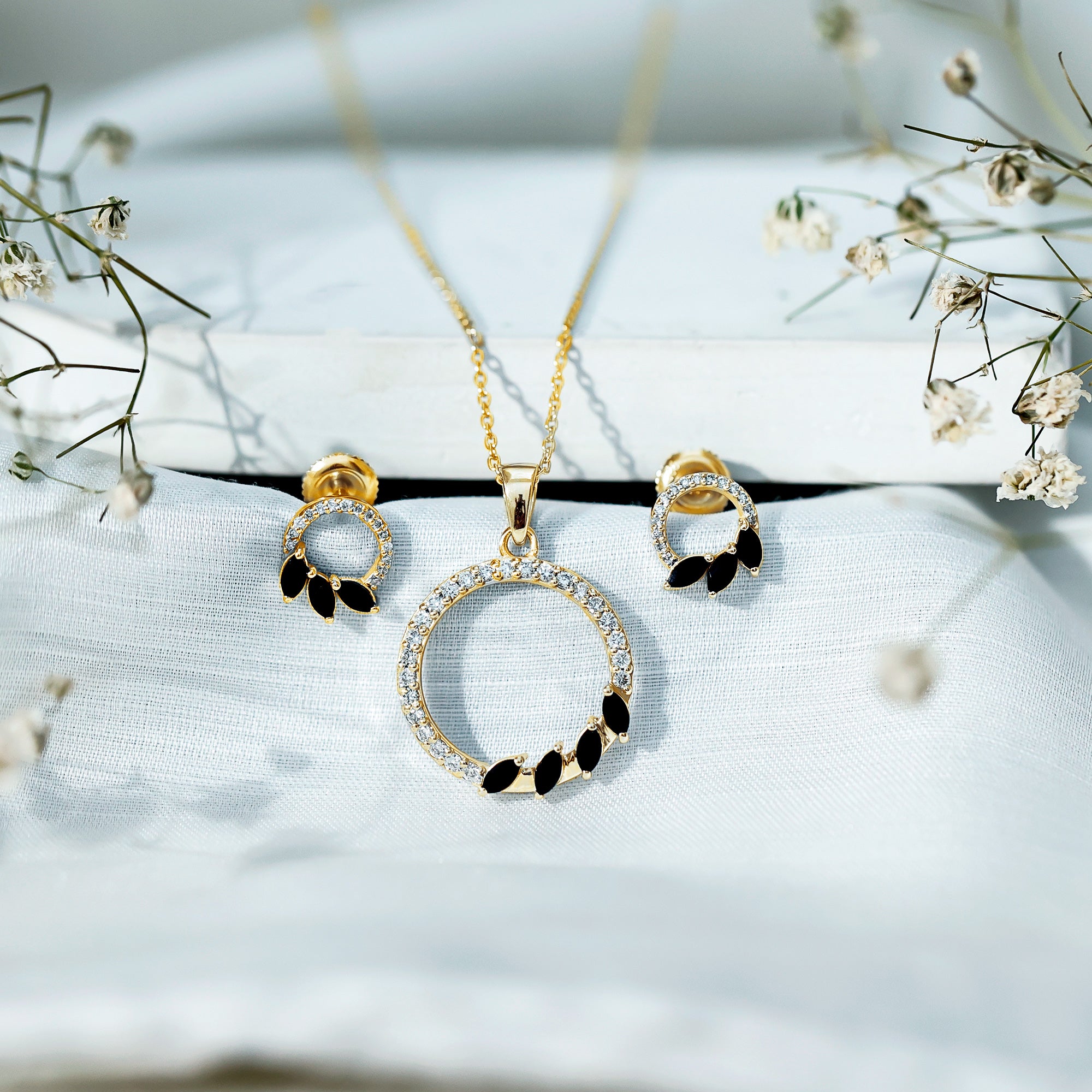 Marquise Cut Black Onyx and Diamond Eternity Jewelry Set AAA - Rosec Jewels