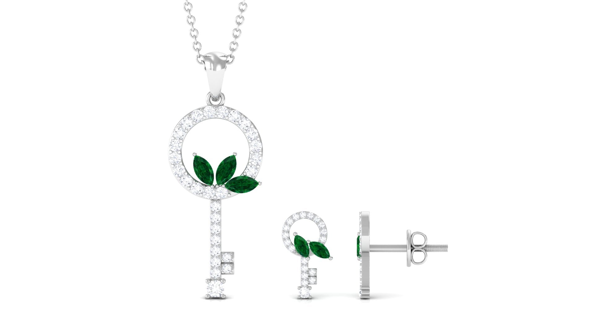 Marquise Cut Emerald and Diamond Key Pendant and Earrings