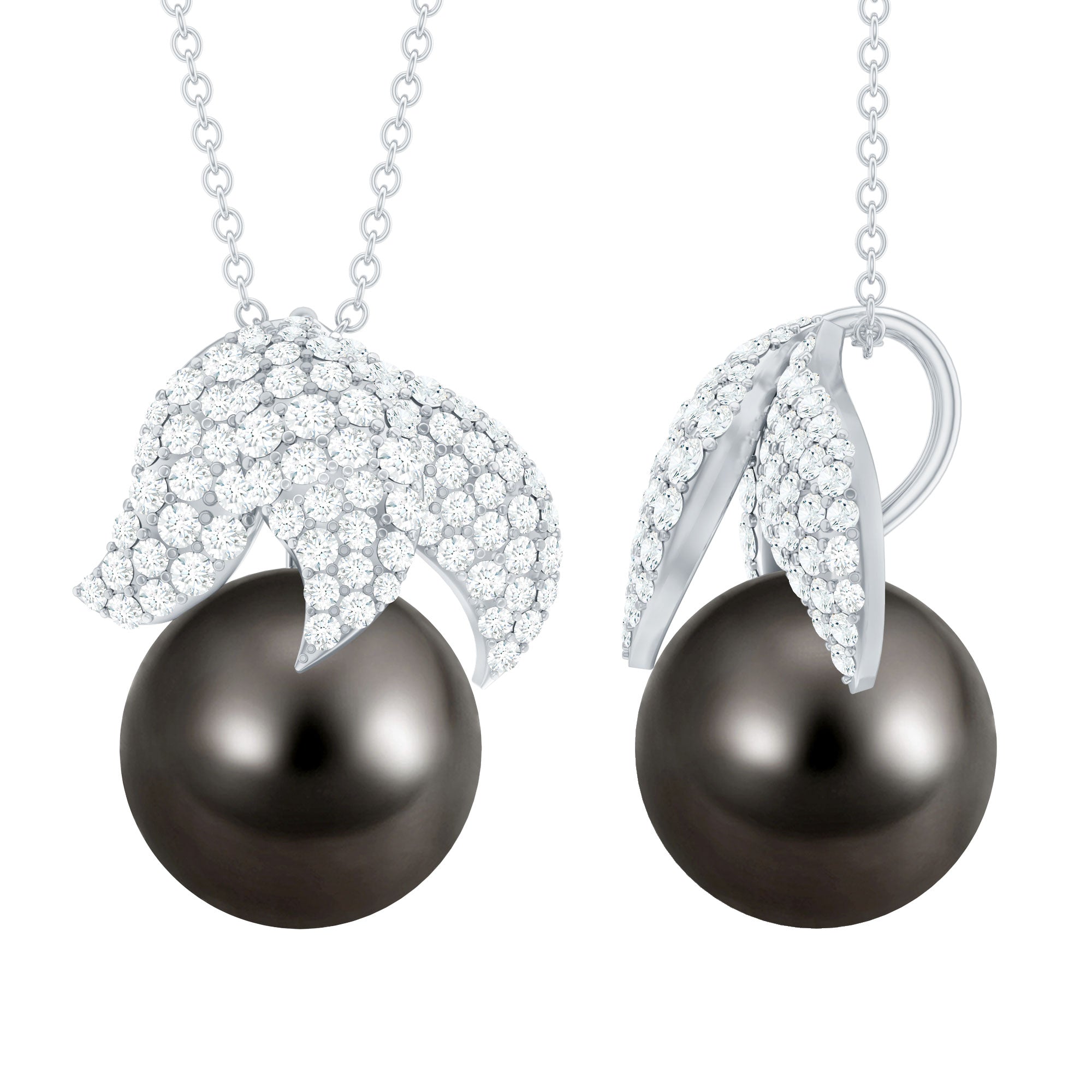 Black Tahitian Pearl and Diamond Leaf Pendant Necklace