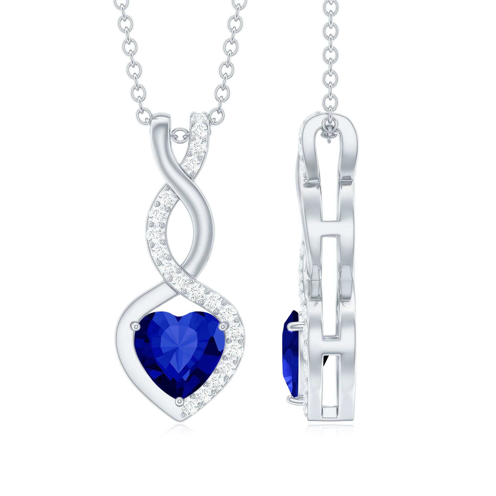 Certified Lab Grown Blue Sapphire Infinity Heart Necklace with Chain